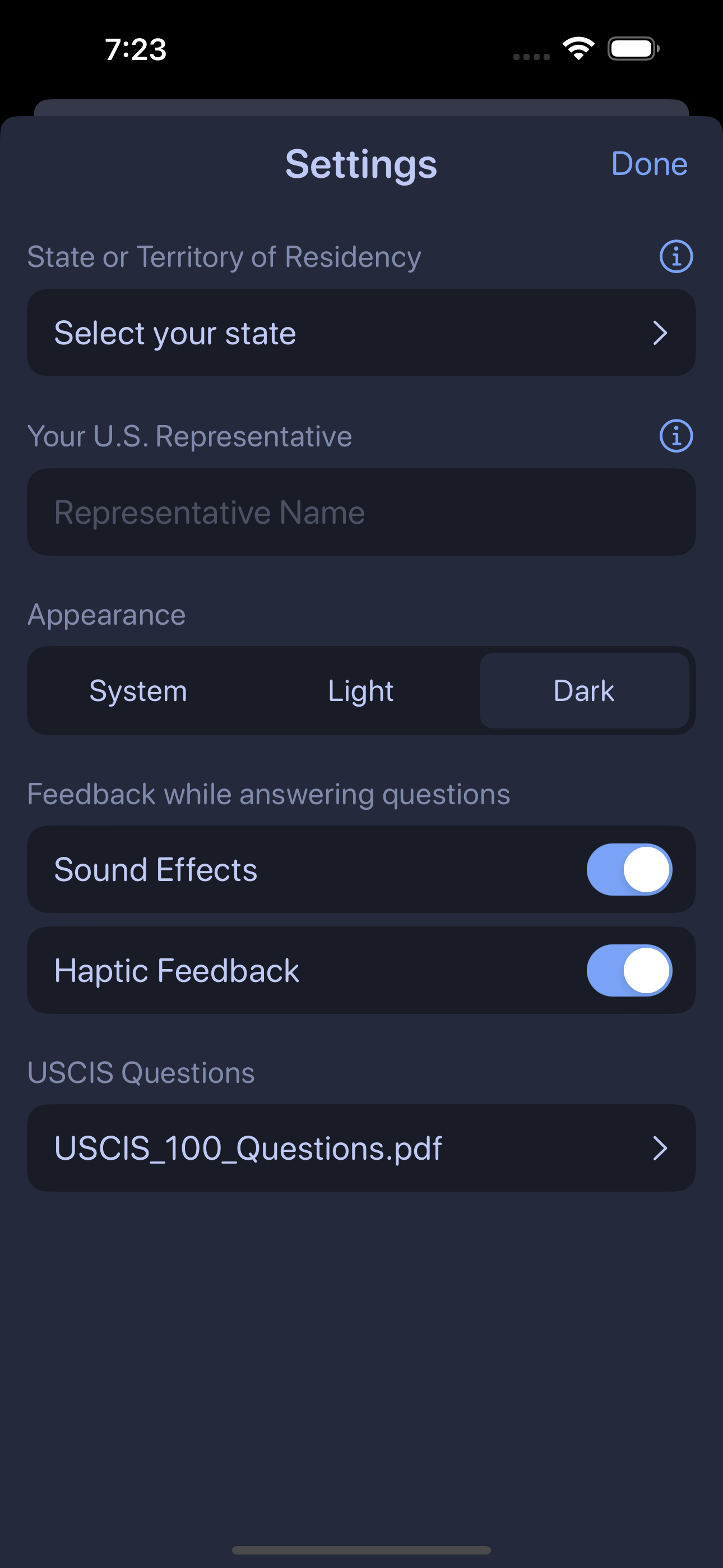 Settings screen