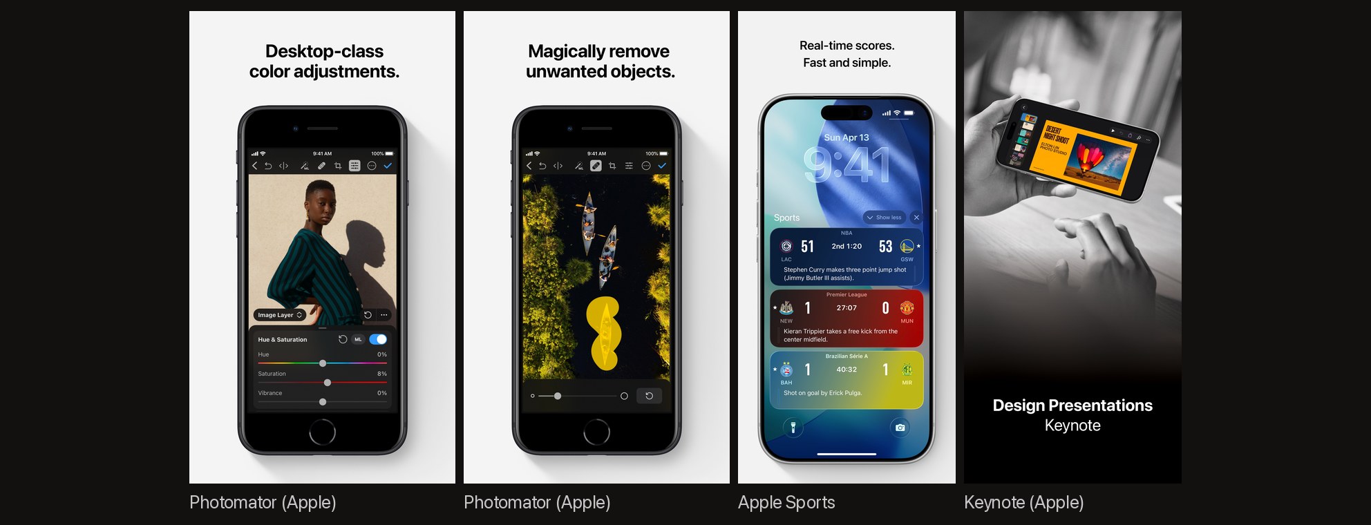 Apple's own sets: two Photomator frames with one-sentence captions on a gray ground, Apple Sports' first frame, and Keynote's black-and-white photograph of hands holding an iPhone