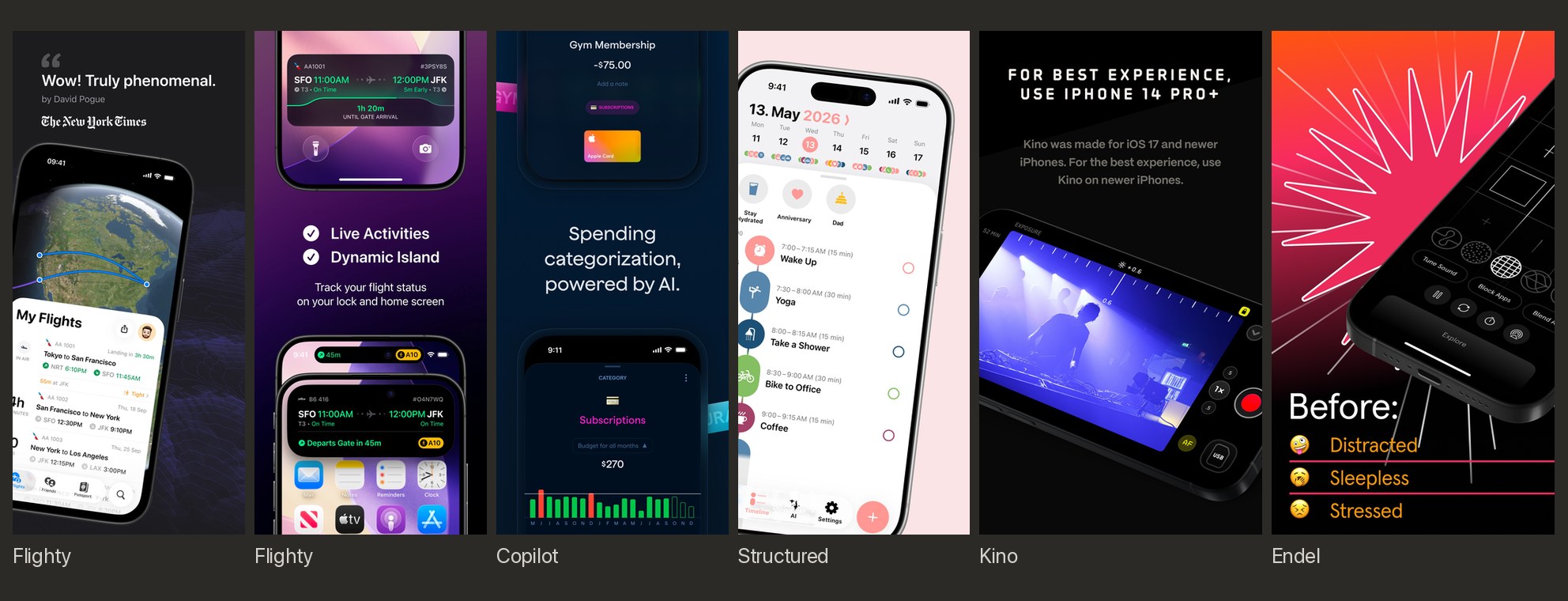 Sets that change composition frame to frame: Flighty's tilted globe phone and lock-screen crop, Copilot's stacked crops, Structured's tilted phone, Kino's landscape phone, and Endel's pink before frame