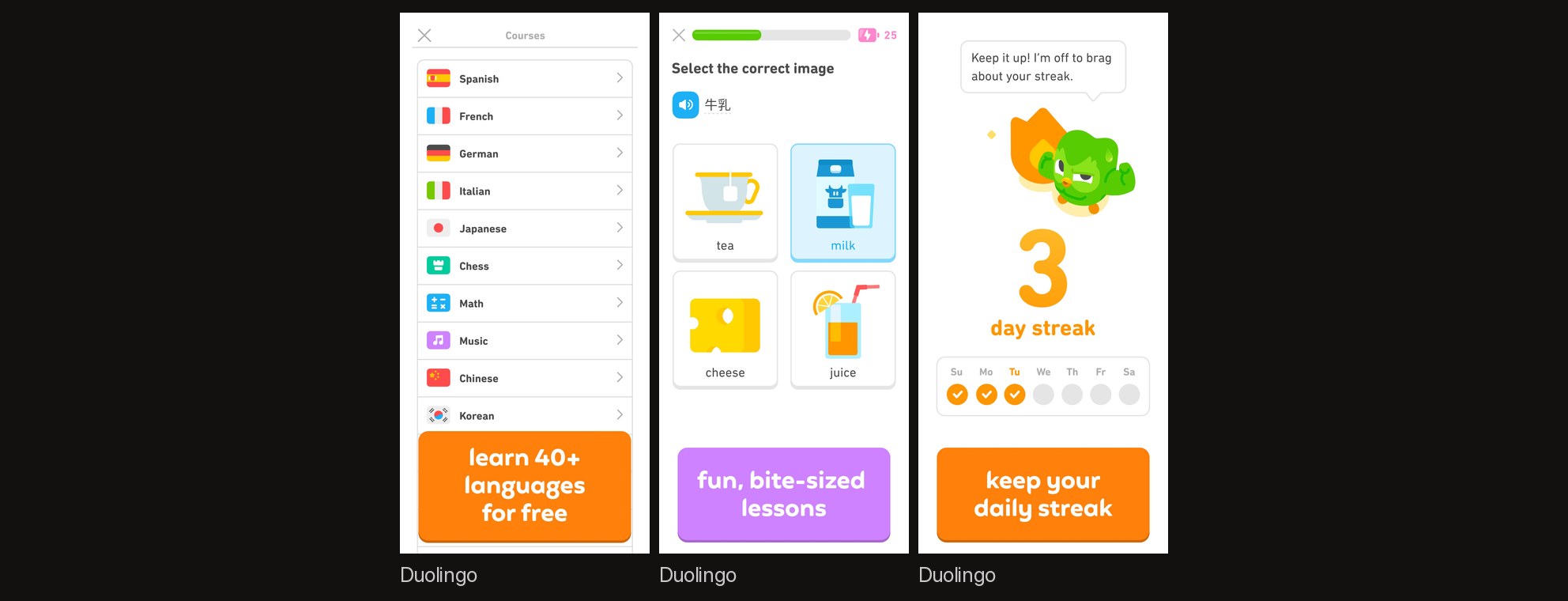 Duolingo's screenshots with lowercase benefit captions in colored pills at the bottom of each frame and no device frame
