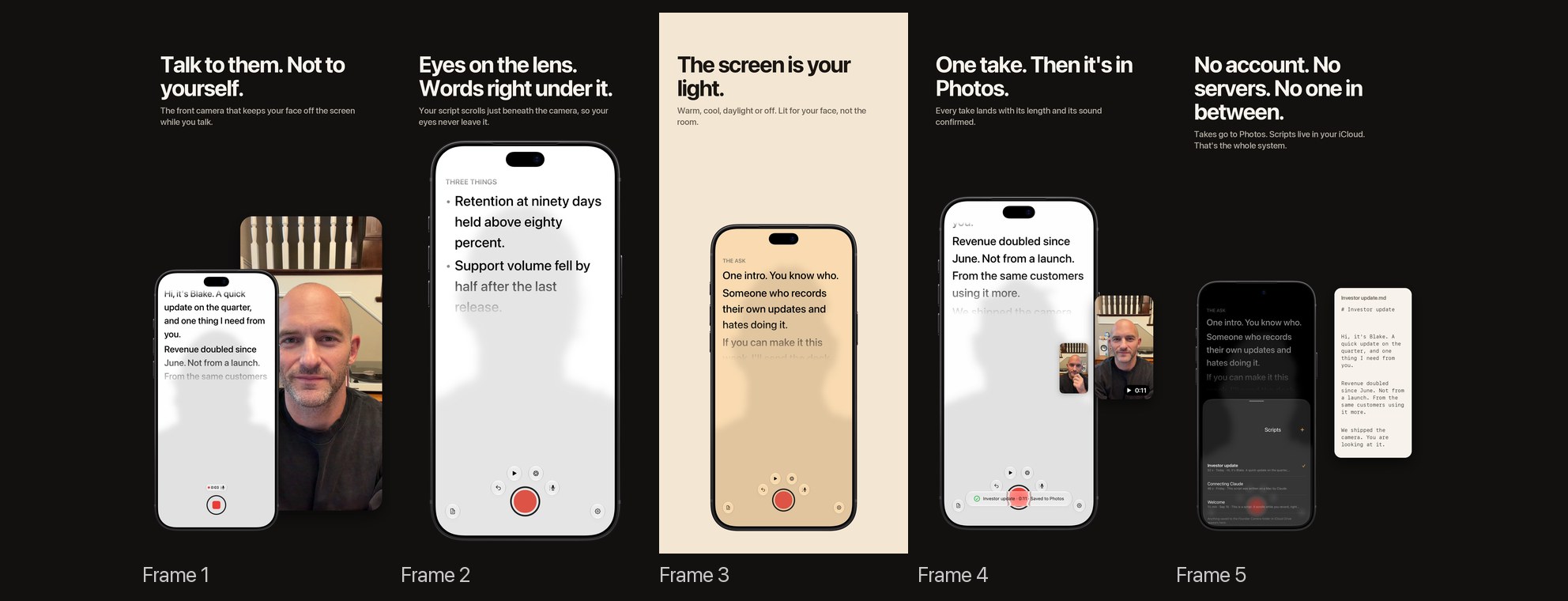 The third Founder Camera set: the same five headlines, with the phone whole and straight in every frame, at five different sizes, the light frame on a warm ground and the receipt shown inside the screen rather than floating over it