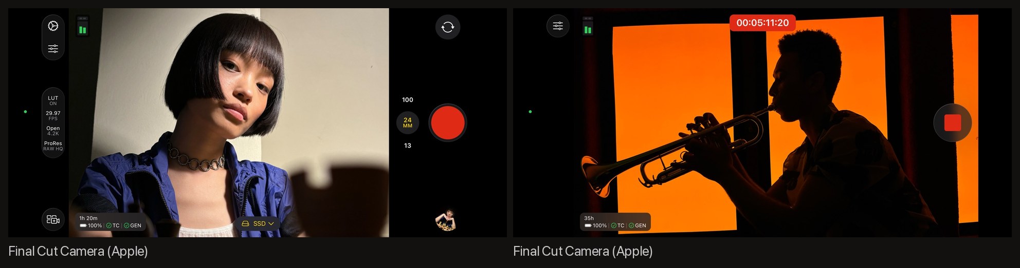Final Cut Camera's landscape screenshots: raw captures of the app recording a portrait subject and a trumpet player, no captions