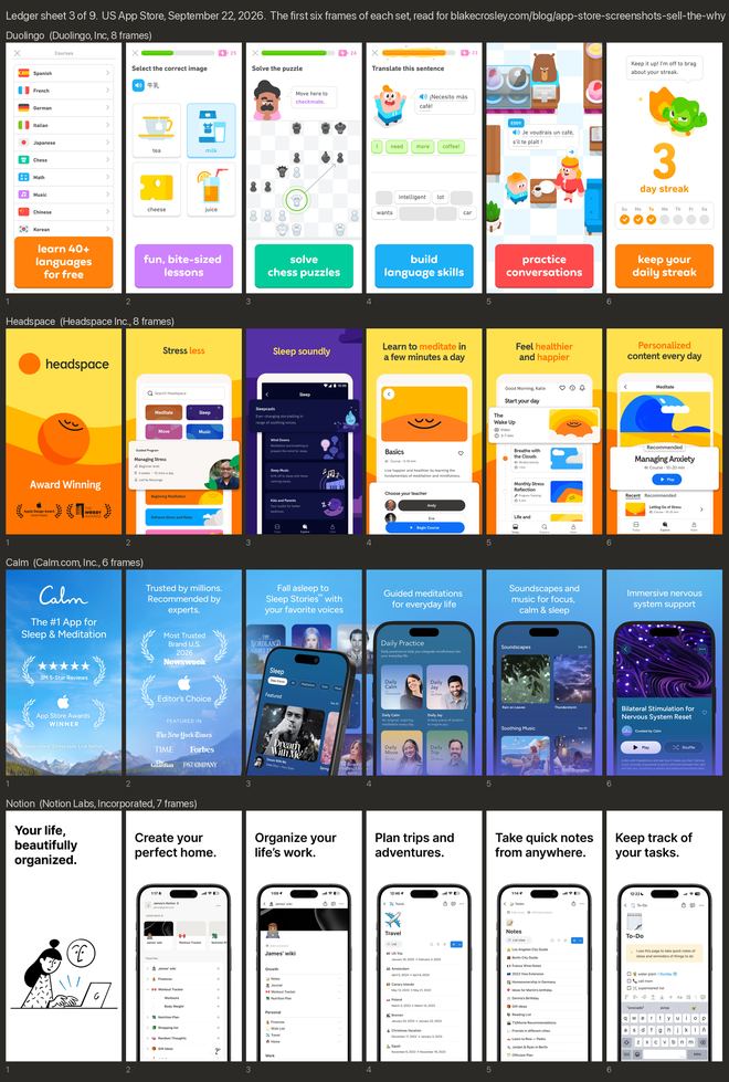 Ledger sheet 3: Duolingo, Headspace, Calm, and Notion