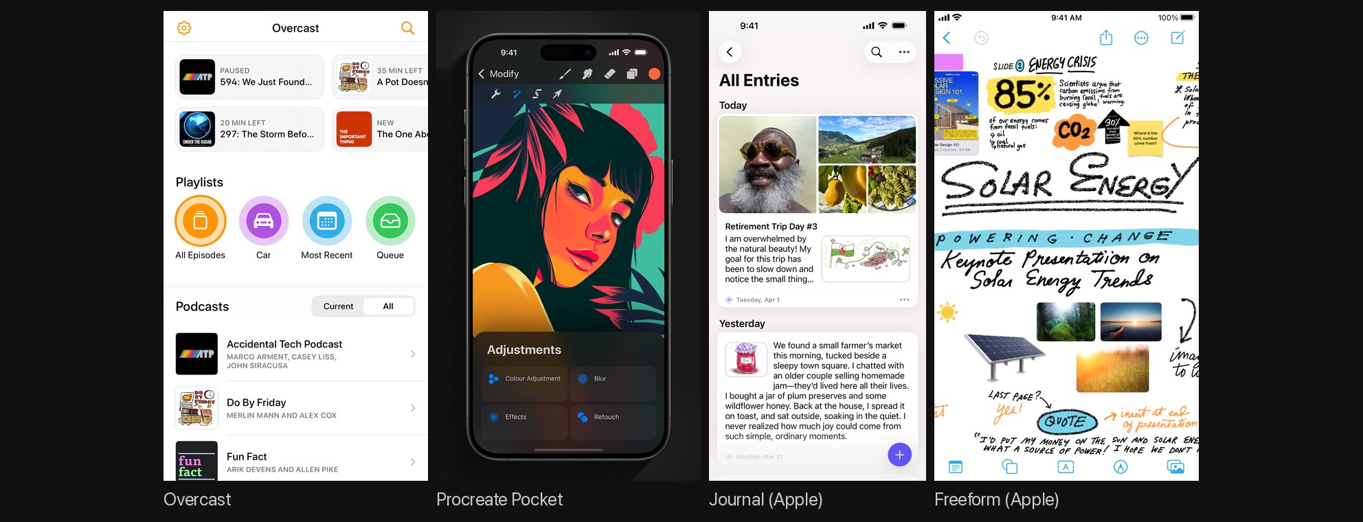 Uncaptioned sets: Overcast's single plain screenshot, a Procreate Pocket frame with artwork on a framed phone, and Apple's Journal and Freeform as raw captures, with no added captions