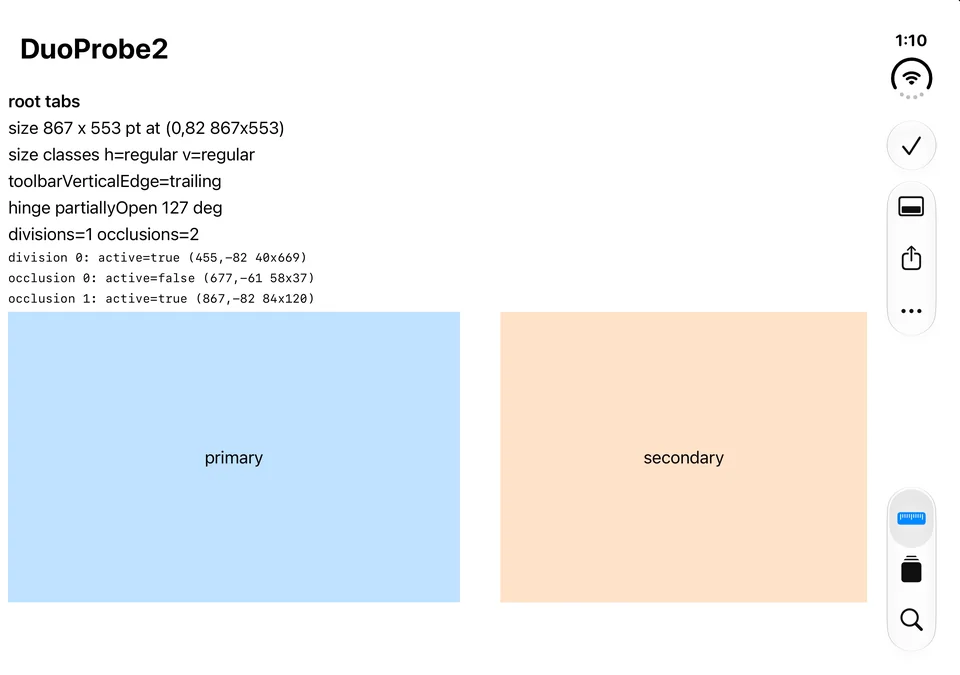The probe on the inner display in the Book pose, linked against the 27.1 SDK: hinge partly open at 127 degrees, one active division, and the split arrangement's two panes separated by an empty band at the middle of the screen