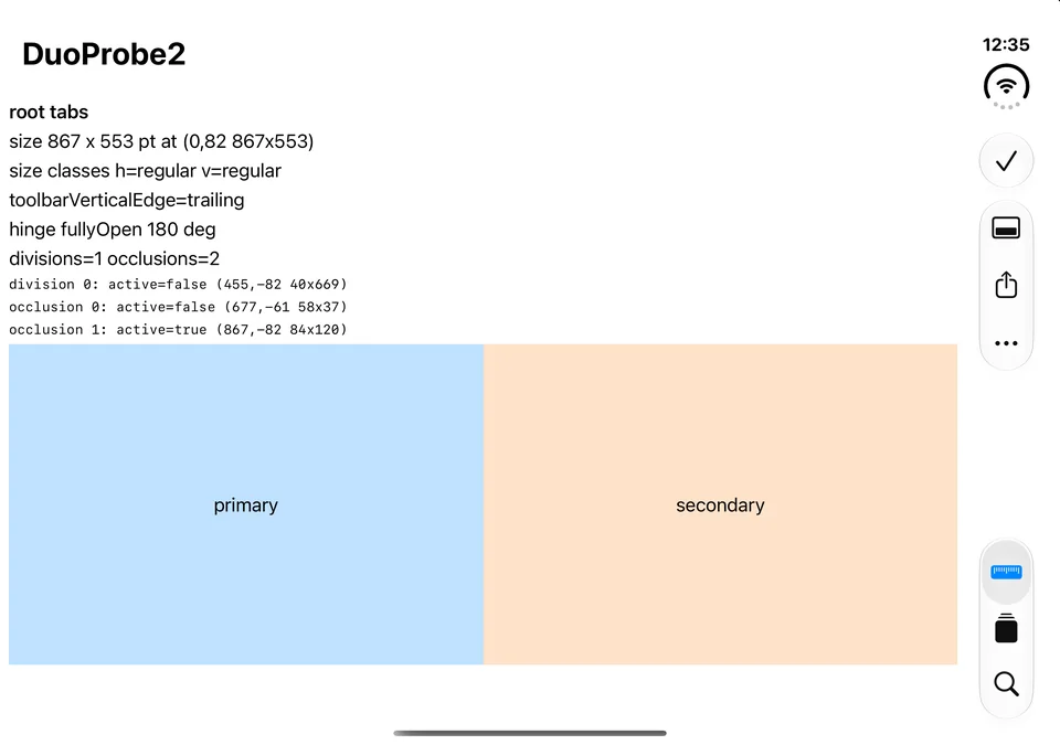 The probe on the inner display in the Open pose, linked against the 27.1 SDK: content size 867 by 553 points, size classes regular and regular, toolbarVerticalEdge trailing, hinge fully open at 180 degrees, one inactive division at x 455 forty points wide, one inactive and one active occlusion, a split arrangement side by side, and the bars in a column on the right edge