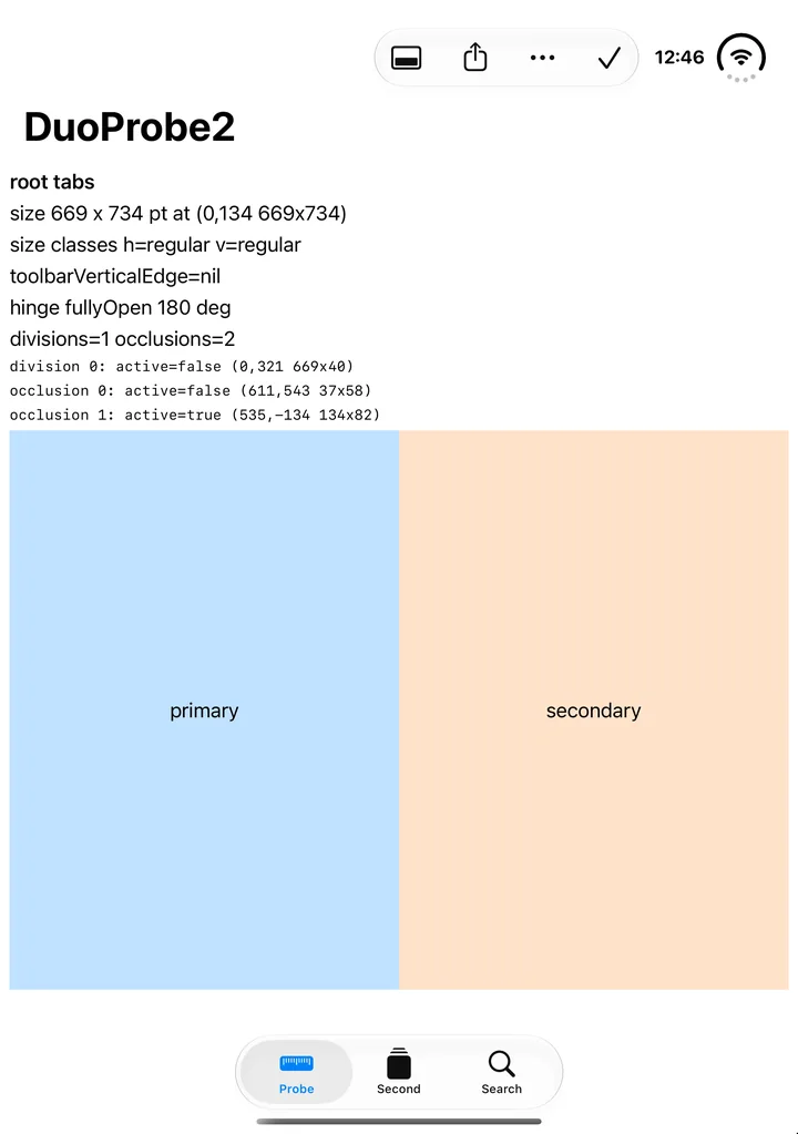 The probe on the inner display turned to portrait, linked against the 27.1 SDK: content size 669 by 734 points, size classes regular and regular, toolbarVerticalEdge nil, a horizontal toolbar at the top beside the clock, a floating tab bar at the bottom, one inactive division and two occlusions