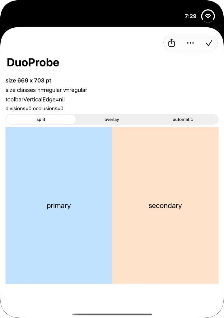 旋转为竖向的 iPhone Duo 模拟器内屏上的探针应用:尺寸 669 × 703 点,尺寸类别 regular 与 regular,split 形式的 arrangement 仍然左右并排,顶部横贯一条黑带,里面是时钟与 Wi-Fi 状态