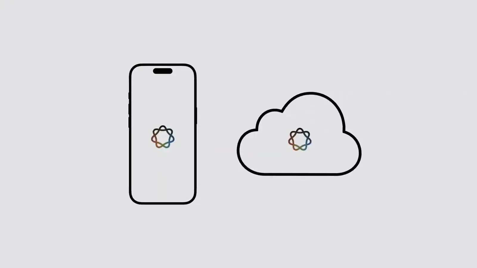 Keynote diagram: the Apple Intelligence glyph on an iPhone and inside a cloud