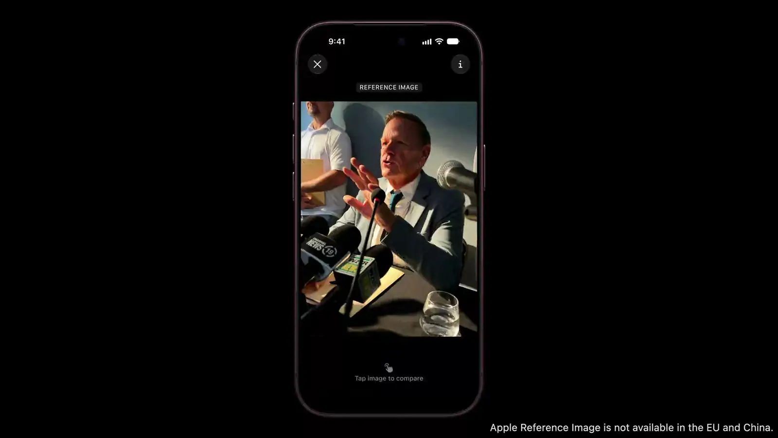 Keynote demo: a Reference Image screen in the camera app, with the footnote that Apple Reference Image is not available in the EU and China