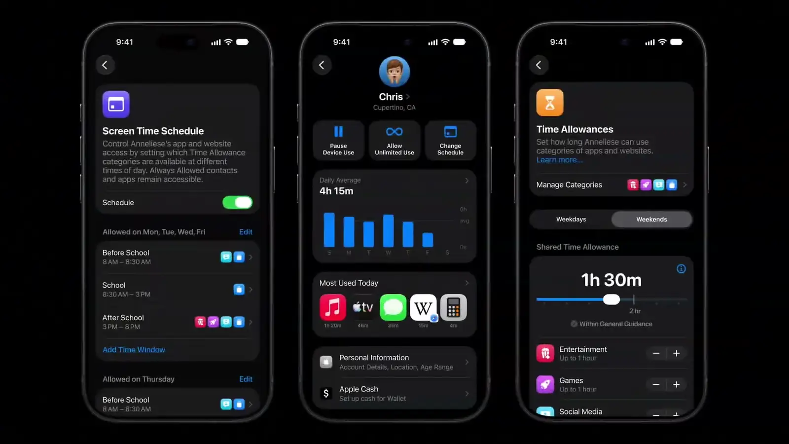 Keynote slide: Screen Time Schedule and Time Allowances screens on three iPhones