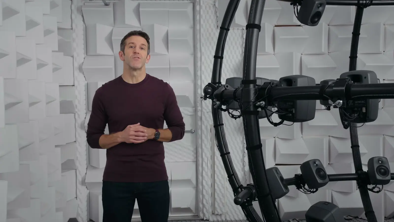 Presenter in an anechoic chamber at the start of the audio segment