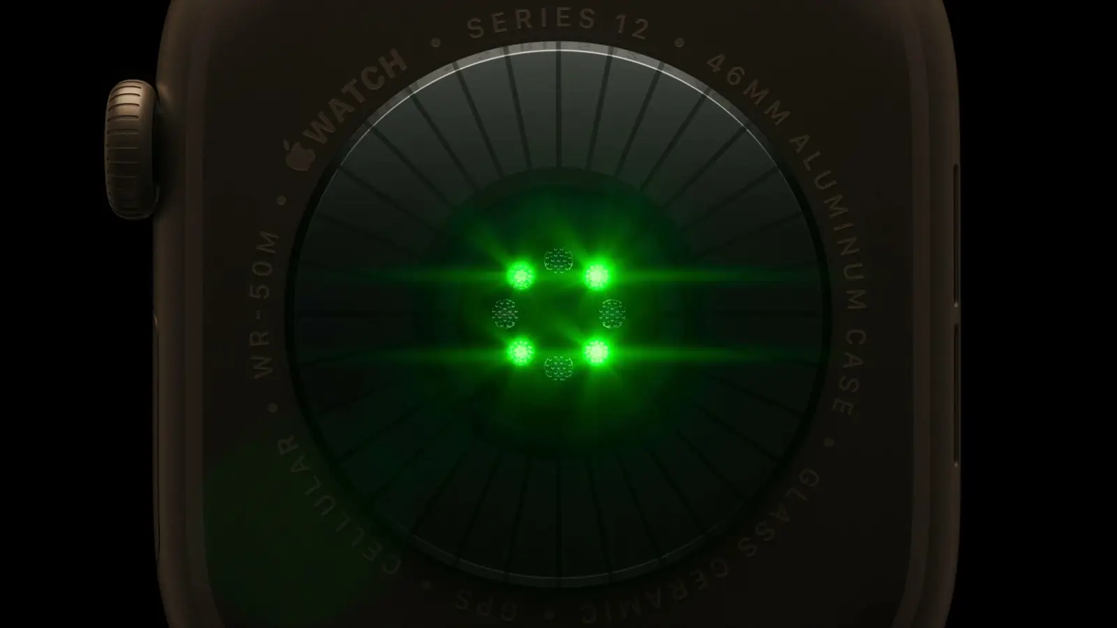 Apple Watch Series 12 case back in the keynote, engraved 46mm aluminum case, WR-50M, glass ceramic, GPS and Cellular, with the green optical sensor lit
