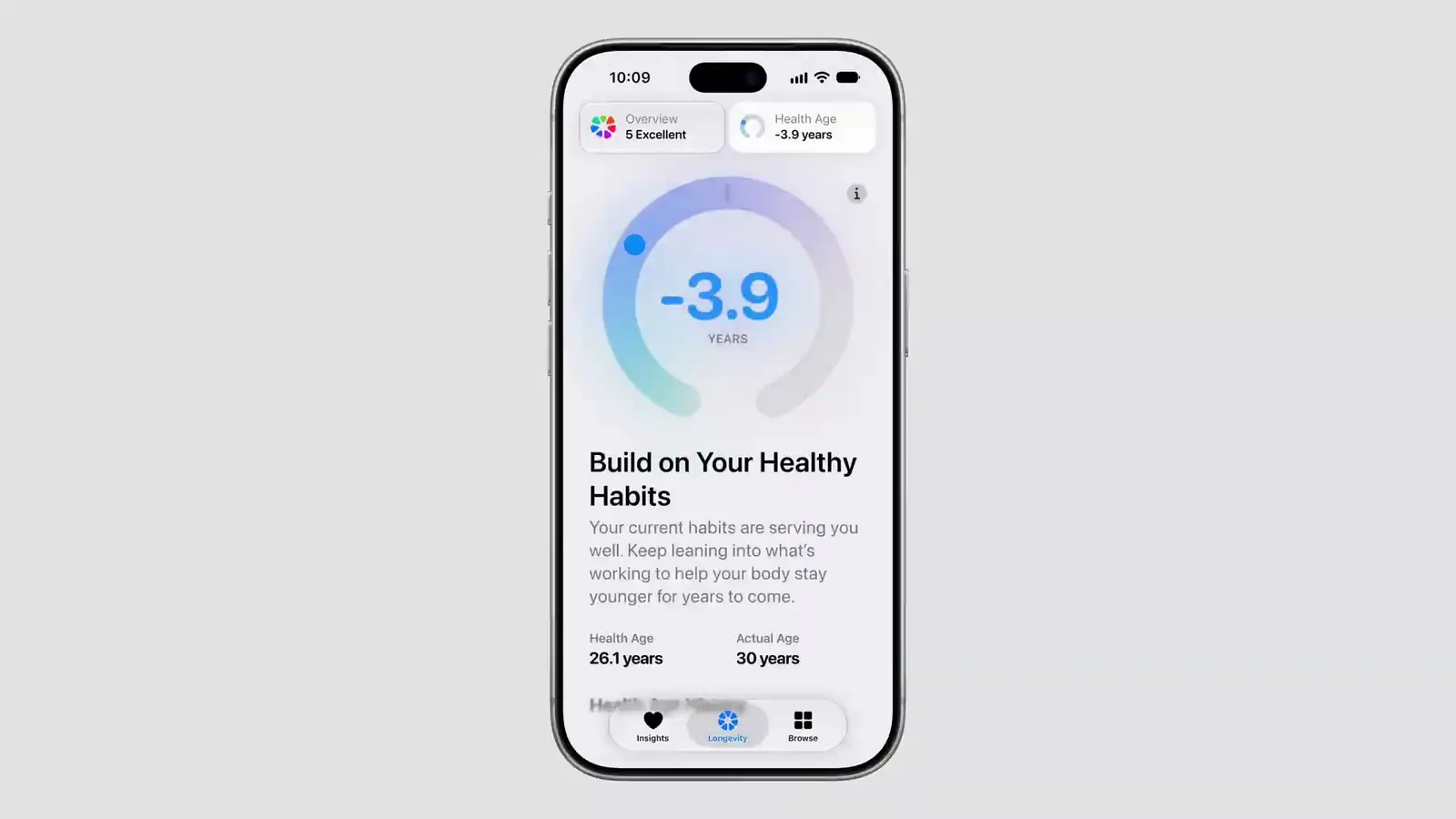 Keynote demo of a Health Age card in the Health app: minus 3.9 years, health age 26.1 against an actual age of 30