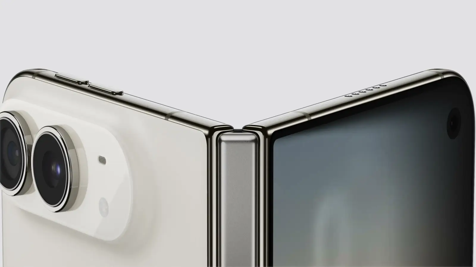 The foldable iPhone half open in the keynote, showing the hinge and the two rear cameras