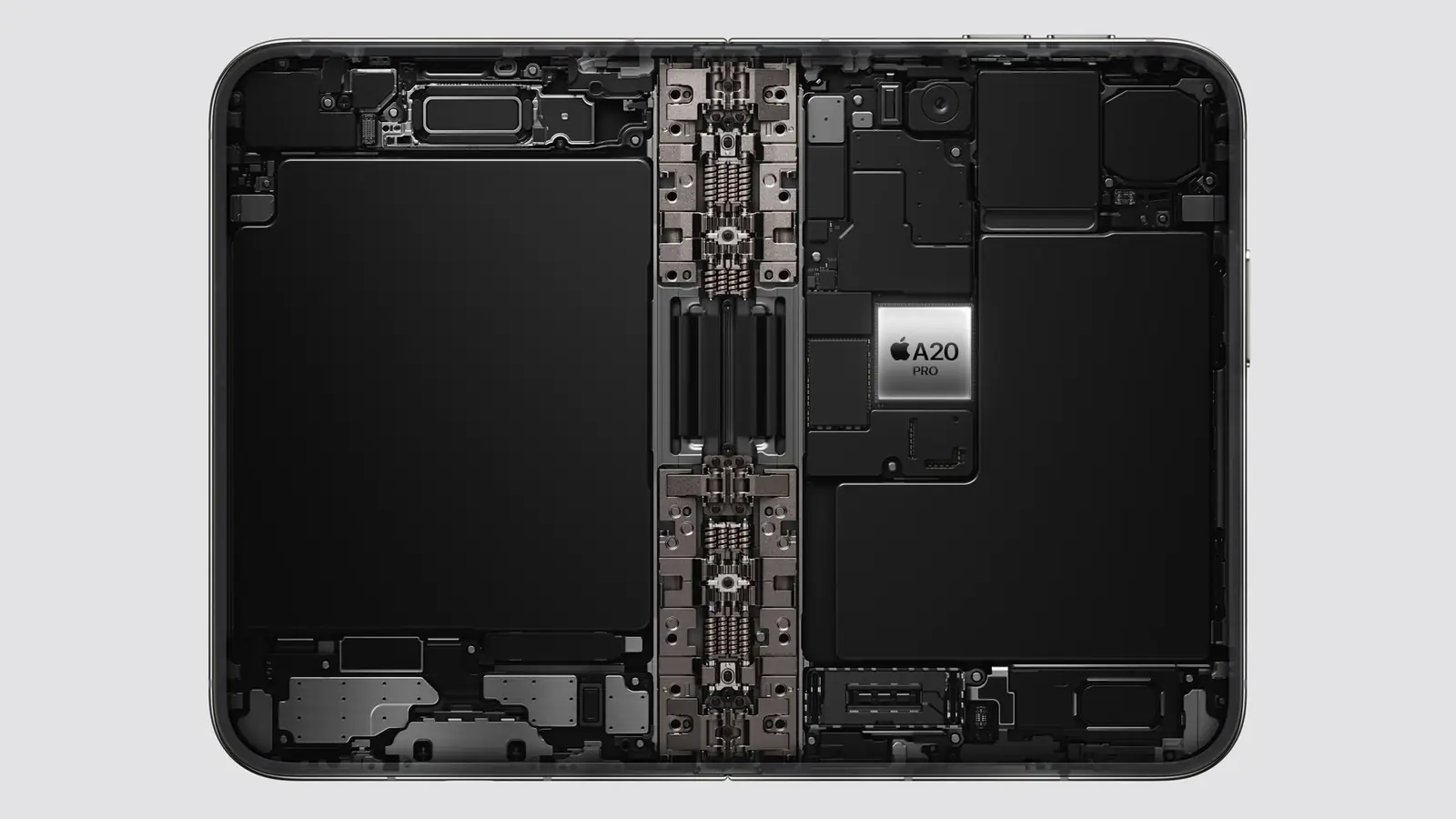 X-ray style view of the foldable iPhone's internals from the keynote: two battery cells split across the hinge, with the A20 Pro on the logic board