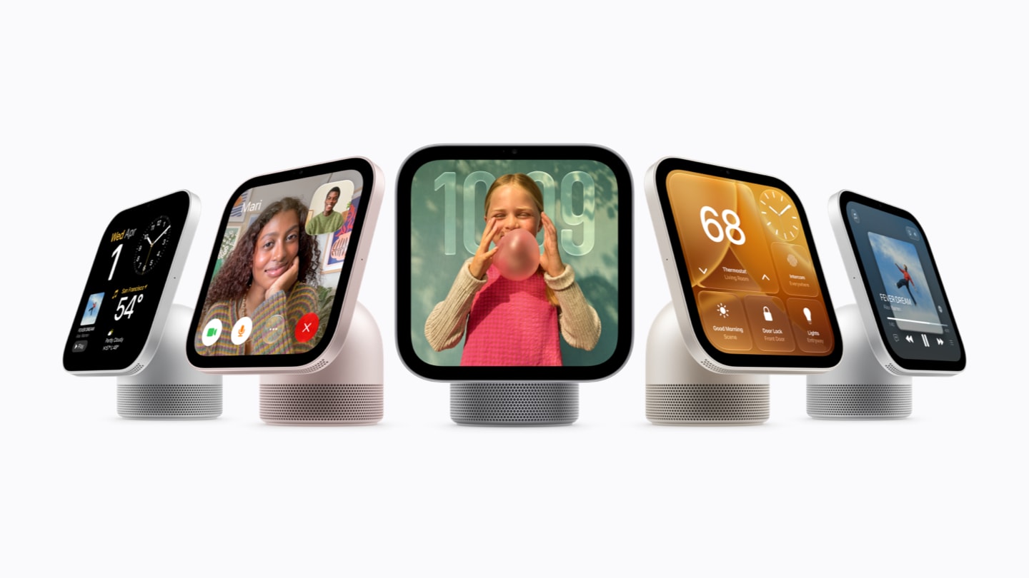 Pięć urządzeń Apple HomeView na białym tle.