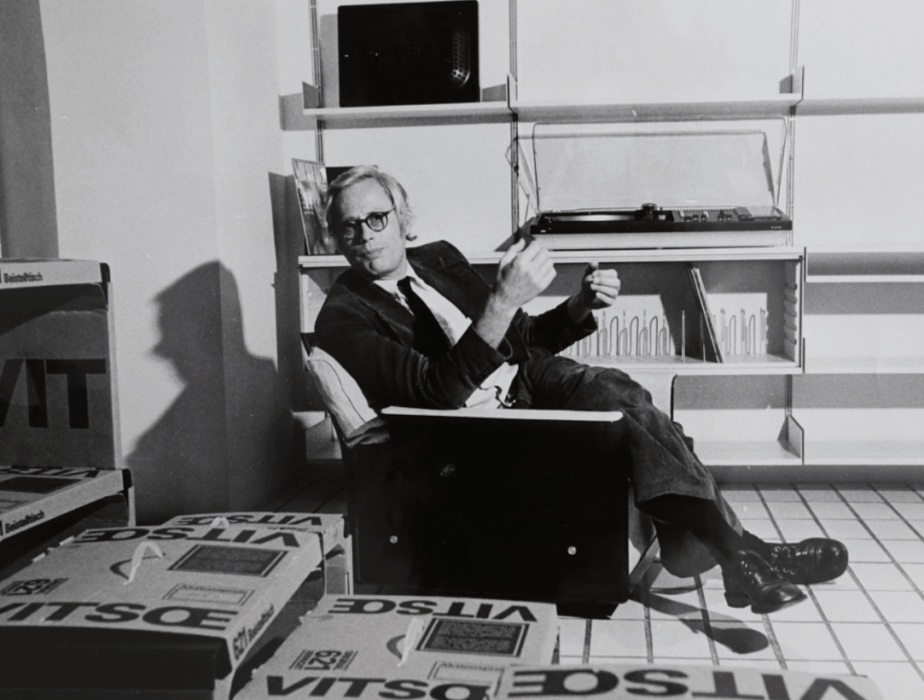 Dieter Rams with Vitsoe shipping boxes, photographed by Ingeborg Kracht