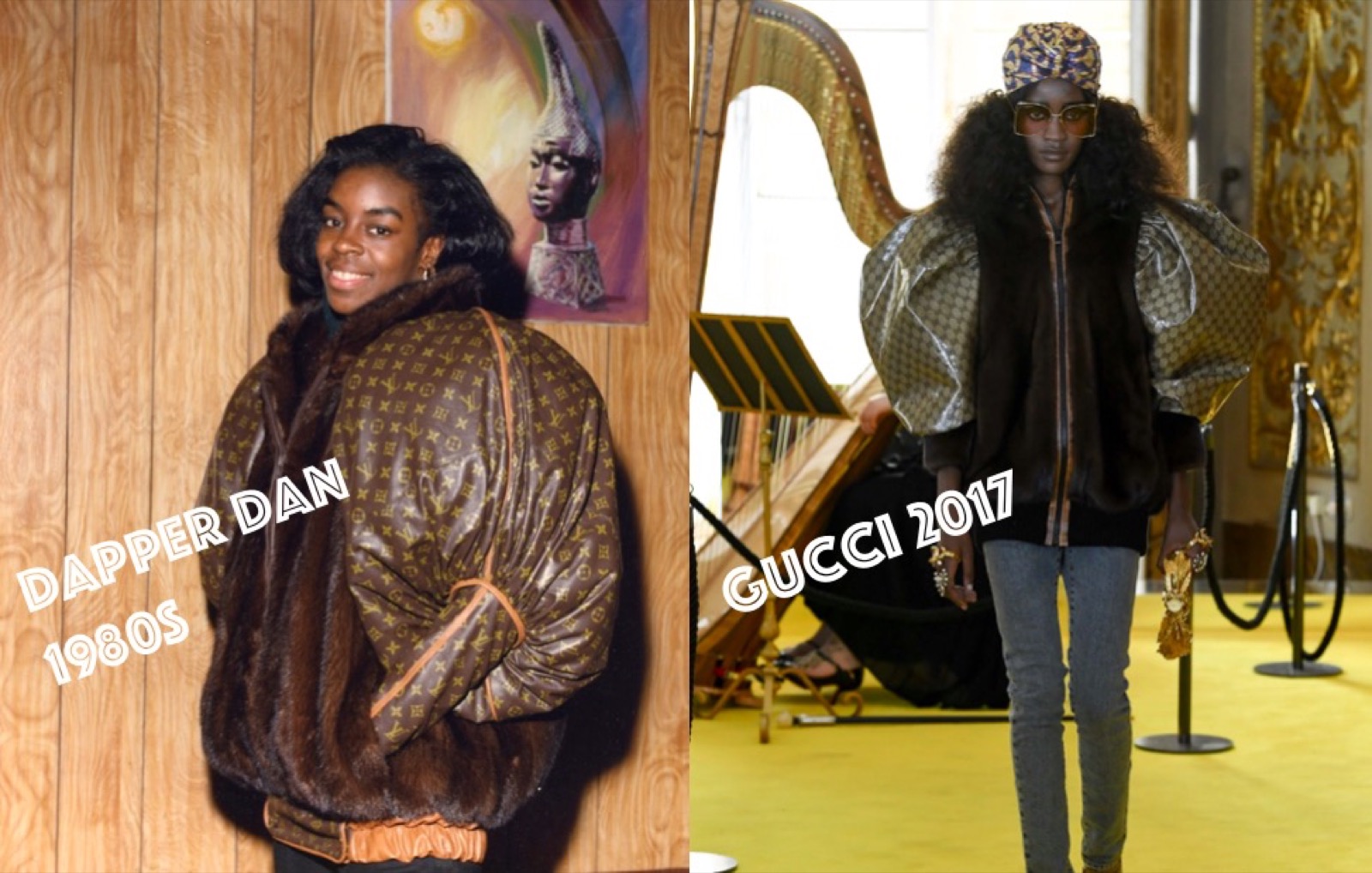 Comparação lado a lado: uma jaqueta de pele com monograma Louis Vuitton de Dapper Dan dos anos 1980 ao lado do look quase idêntico da passarela Resort 2018 da Gucci