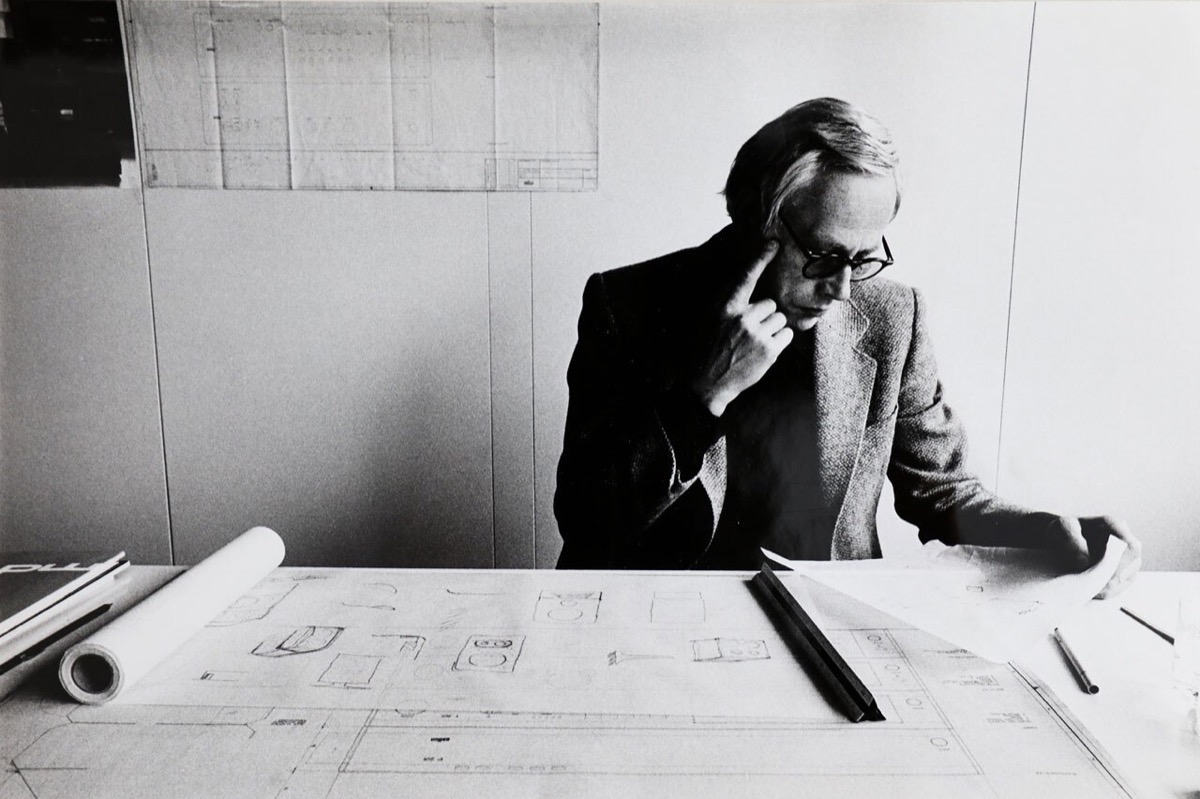Dieter Rams studying blueprints at Braun, c. 1970