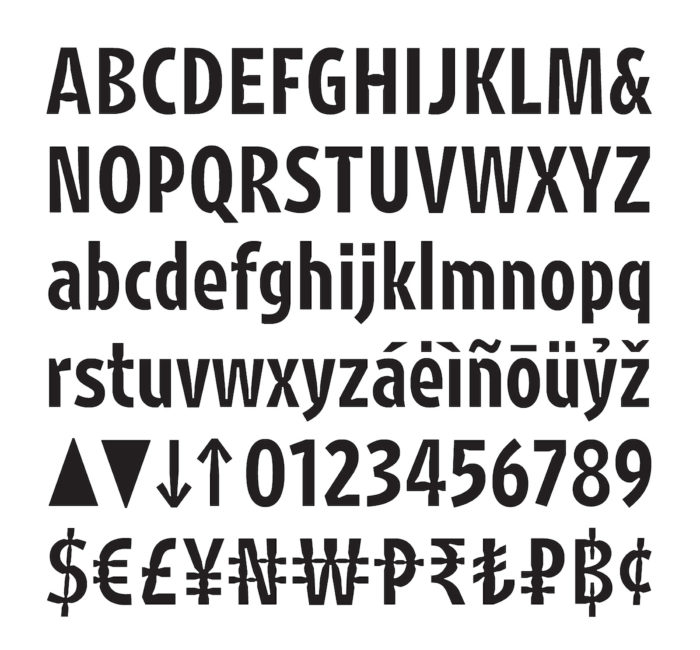 Zeichensatz der Schrift Retina, mit den für die Lesbarkeit in sehr kleinen Größen entwickelten Ink Traps.