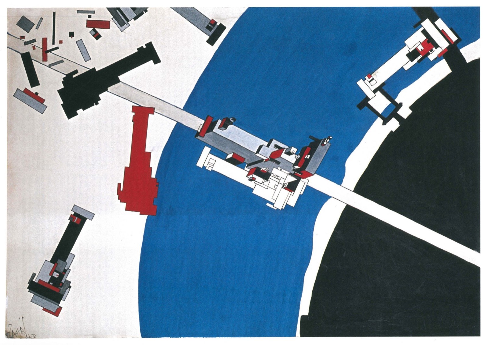 Malevich's Tektonik -- Hadids Diplomarbeit-Gemälde an der Architectural Association, das ihre Architektur im russischen Suprematismus verwurzelt