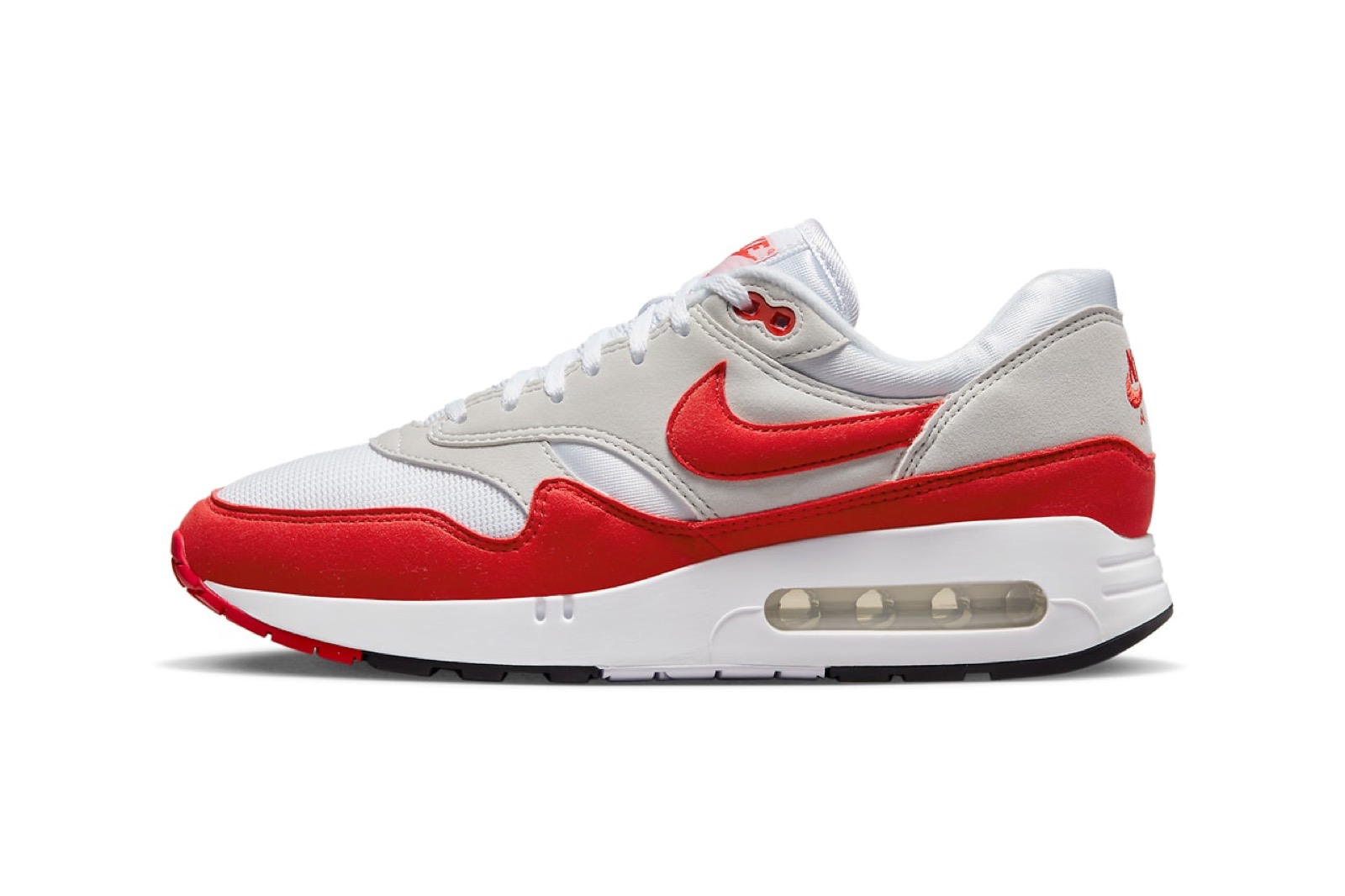 Nike Air Max 1 '86 OG em Sport Red, mostrando a janela visível da unidade de ar no calcanhar