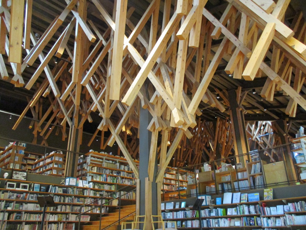 Inside the Kumo-no-Ue community library in Yusuhara, cedar members branching like trees over the stacks