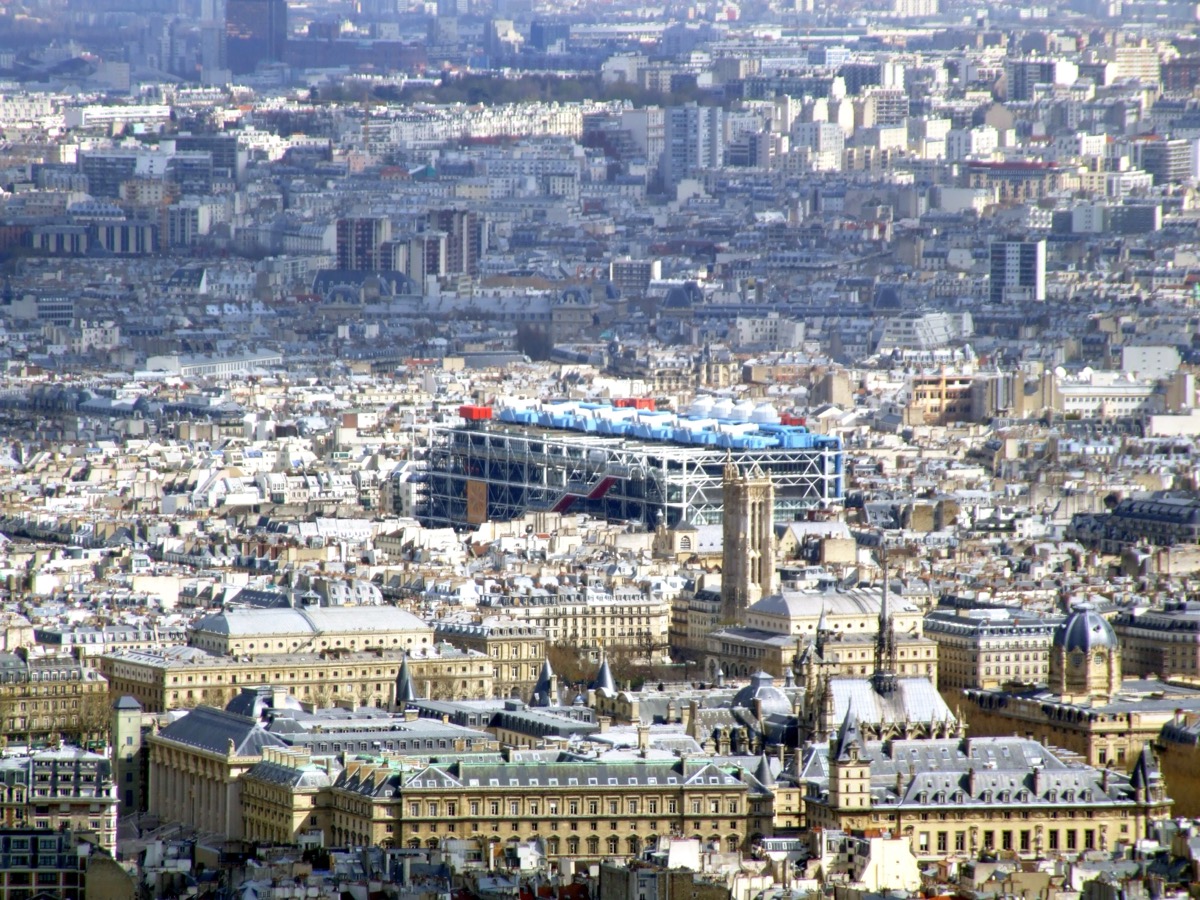 Centre Pompidou erupting from the Haussmann fabric of Paris, seen from Tour Montparnasse