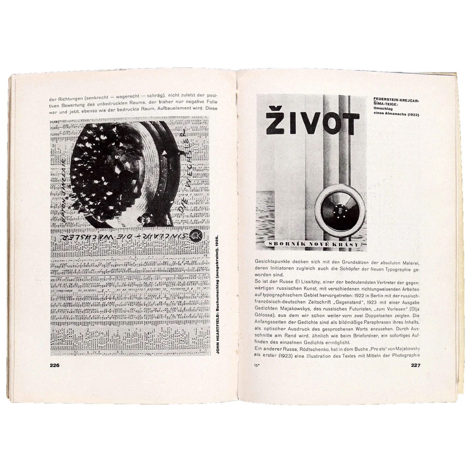 Doble página interior de "Die Neue Typographie" (1928) mostrando una composición de página asimétrica e ilustración fotográfica