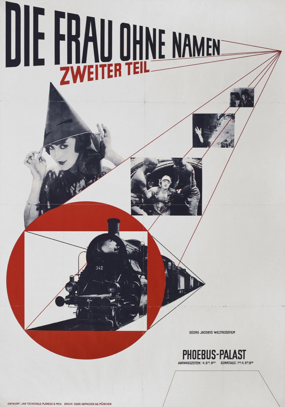 Cartel de cine de Tschichold de 1927 para el Phoebus-Palast de "Die Frau ohne Namen, Zweiter Teil" -- diseño constructivista asimétrico con fotomontaje, líneas rojas diagonales y tipografía de palo seco en negrita