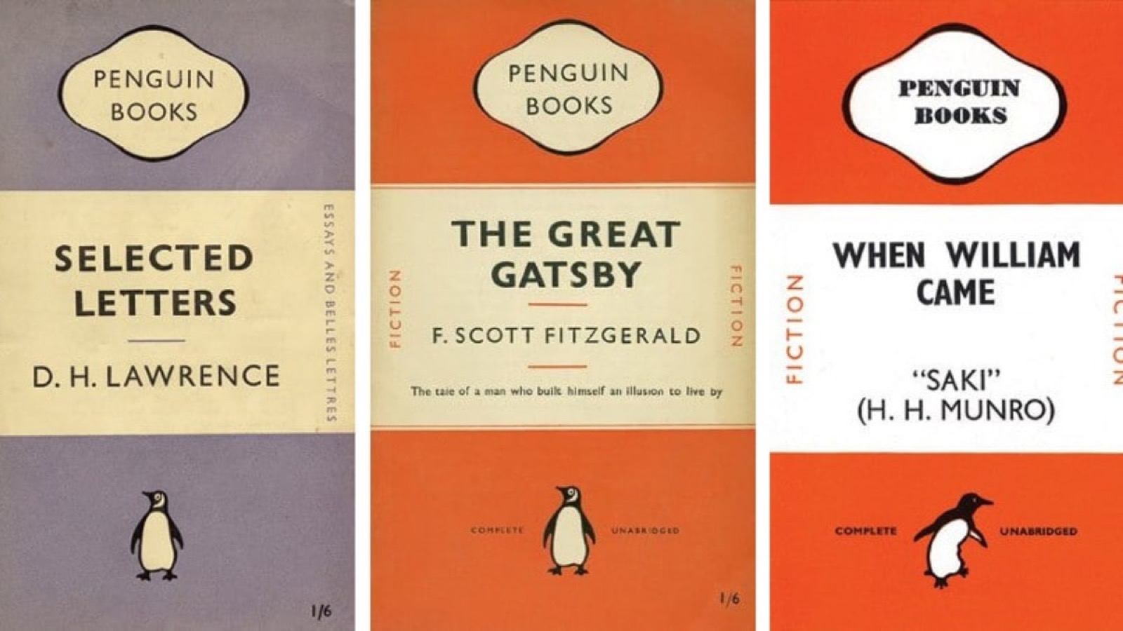 Tres portadas de Penguin Books rediseñadas por Tschichold -- Selected Letters (D.H. Lawrence), The Great Gatsby y When William Came -- mostrando el sistema de retícula estandarizado de tres bandas horizontales