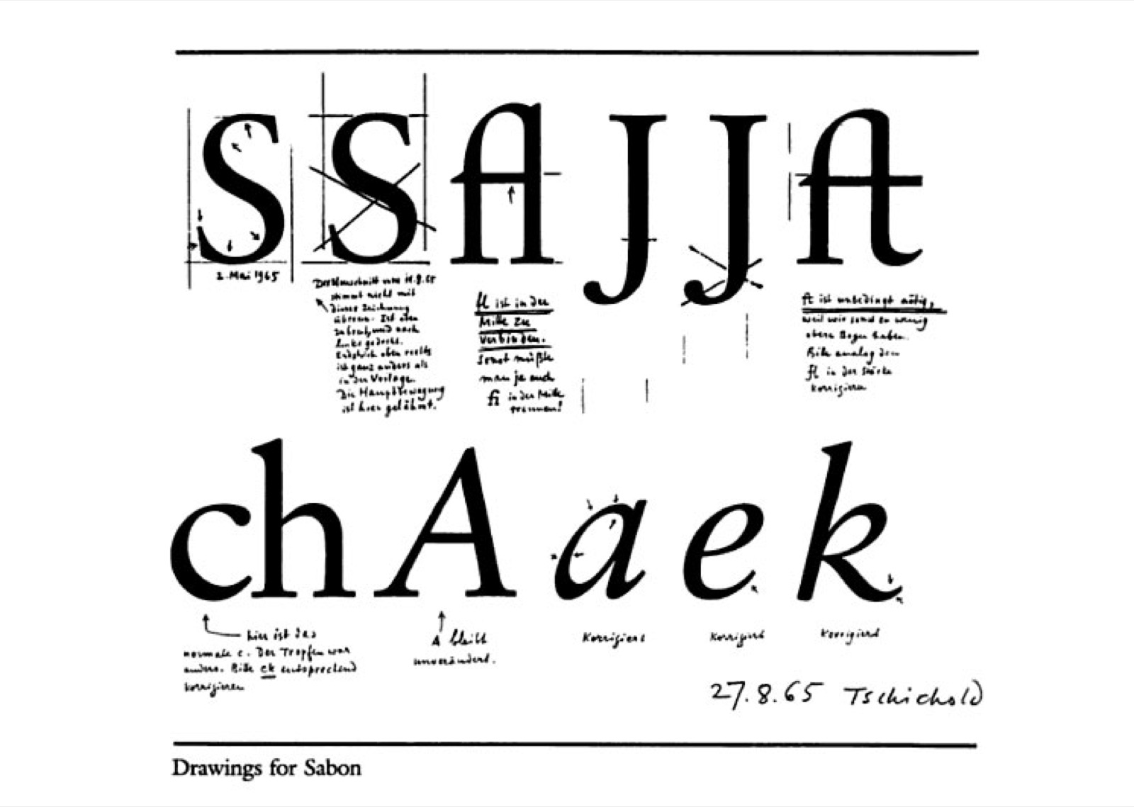 Los dibujos de trabajo de Tschichold para la tipografía Sabon, fechados en 1965 y firmados, mostrando la construcción de las letras con anotaciones manuscritas