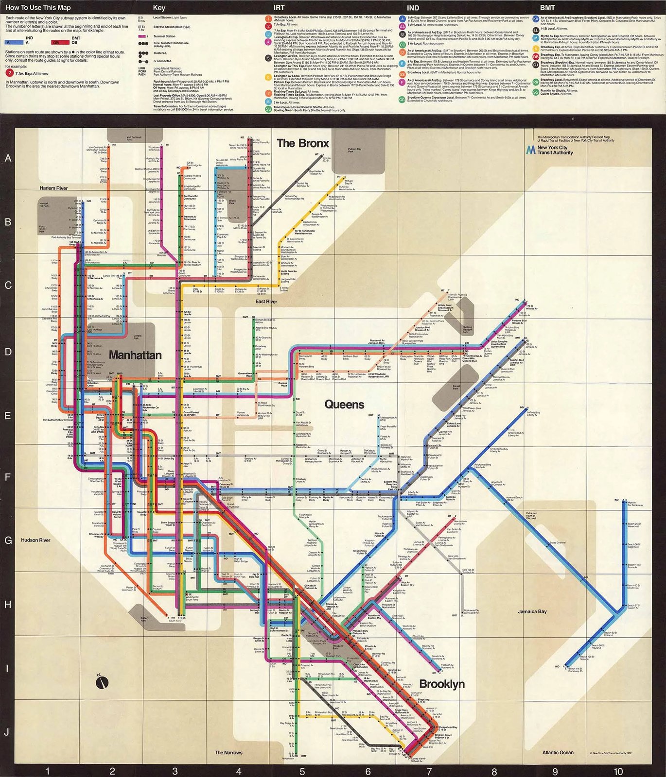 The 1972 New York City Subway map designed by Massimo Vignelli: color-coded route lines running only vertically, horizontally, and at 45-degree angles, one dot per station, beige water around Manhattan and a gray rectangular Central Park