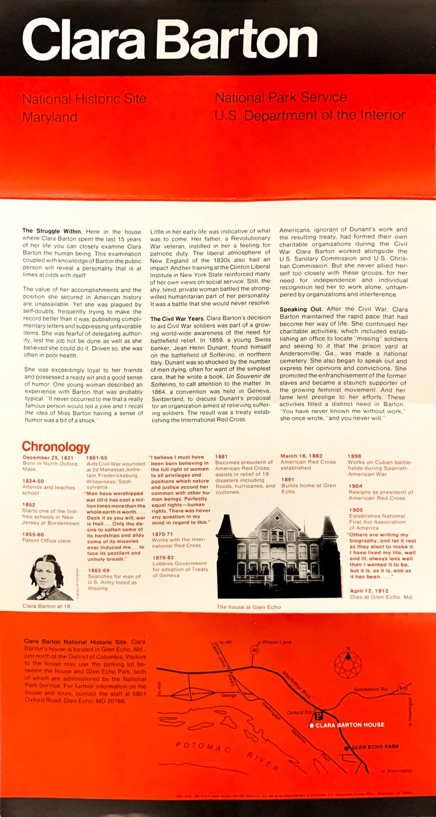 The Clara Barton National Historic Site brochure, the first produced on Massimo Vignelli's 1977 Unigrid system for the National Park Service: the park name reversed out of the signature black band across the top, a red field beneath it, and text columns, a chronology, and a map locked to the grid below