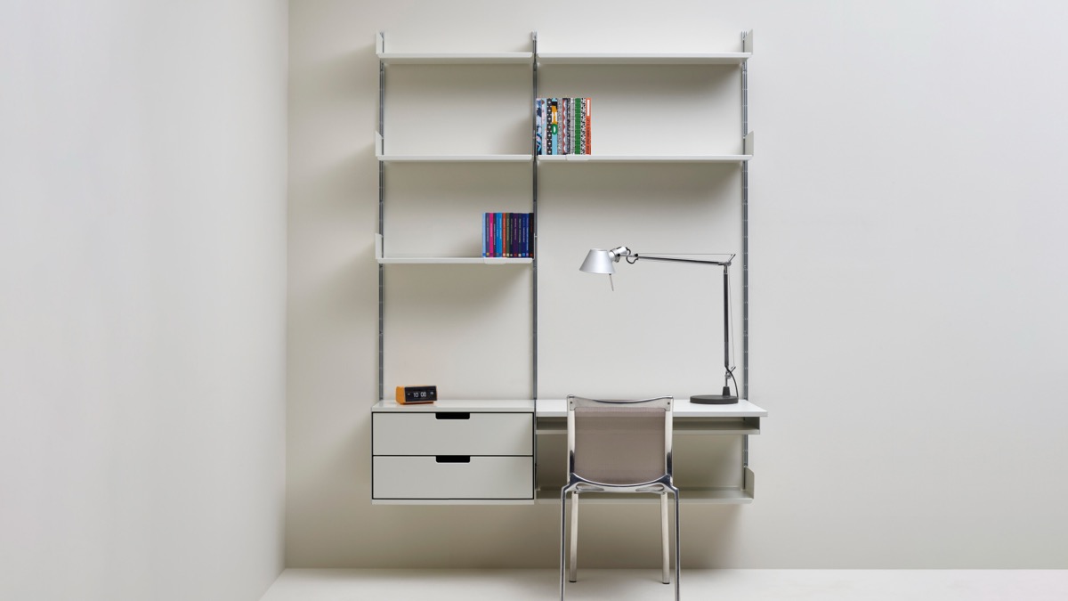 Vitsoe 606 Universal Shelving System configured as a home desk