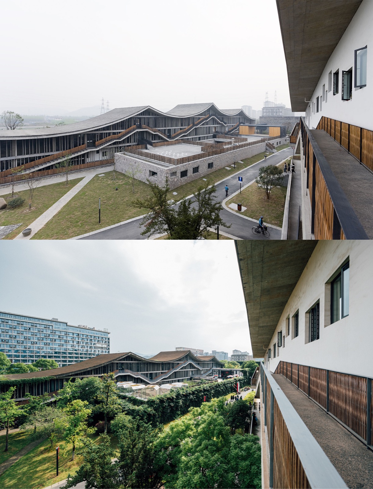 Xiangshan Campus 항공 전경, 일렁이는 재활용 기와 지붕으로 덮인 흩어진 건물들