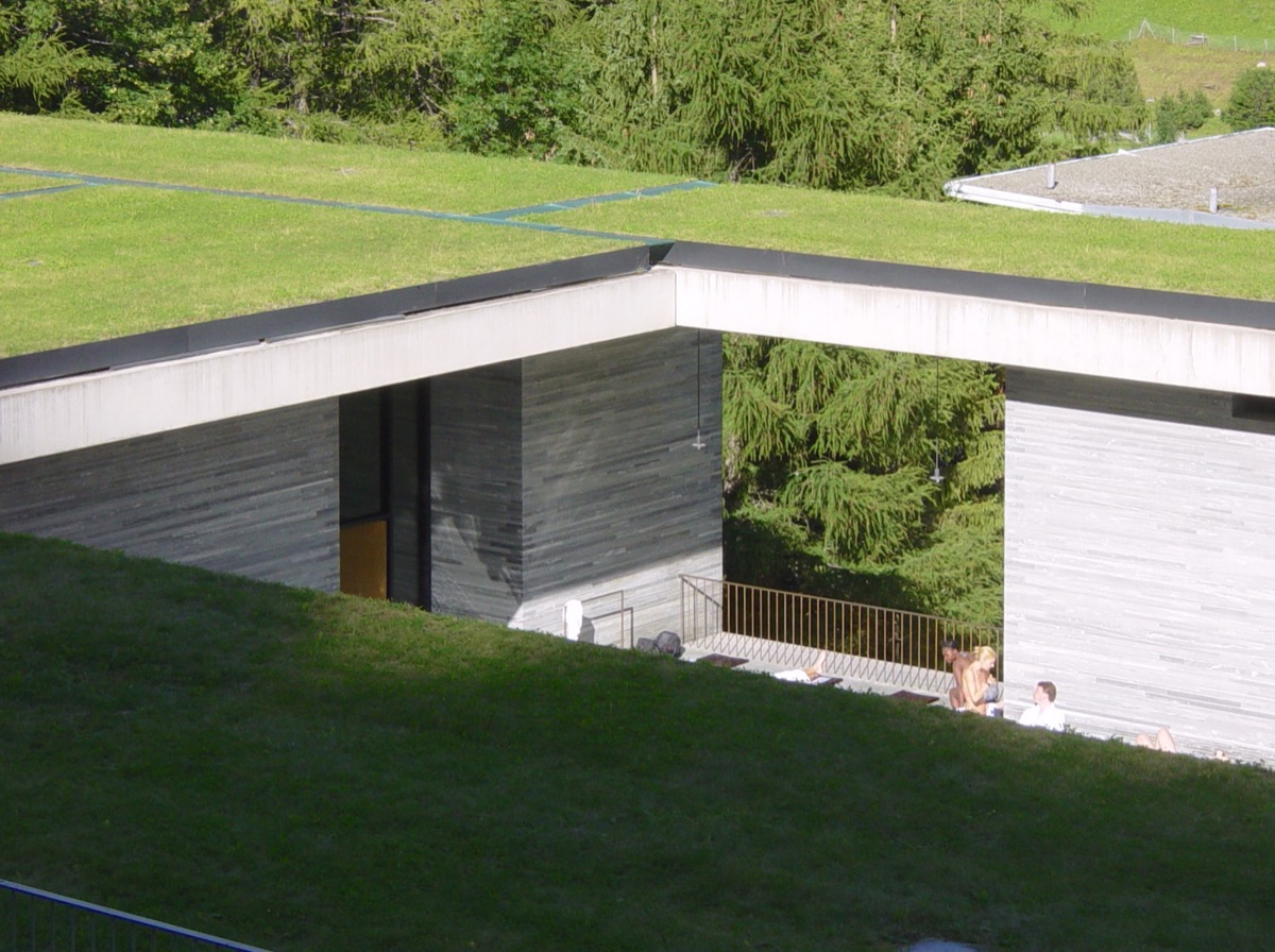 Therme Vals from above, grass roofs and quartzite walls set into the hillside