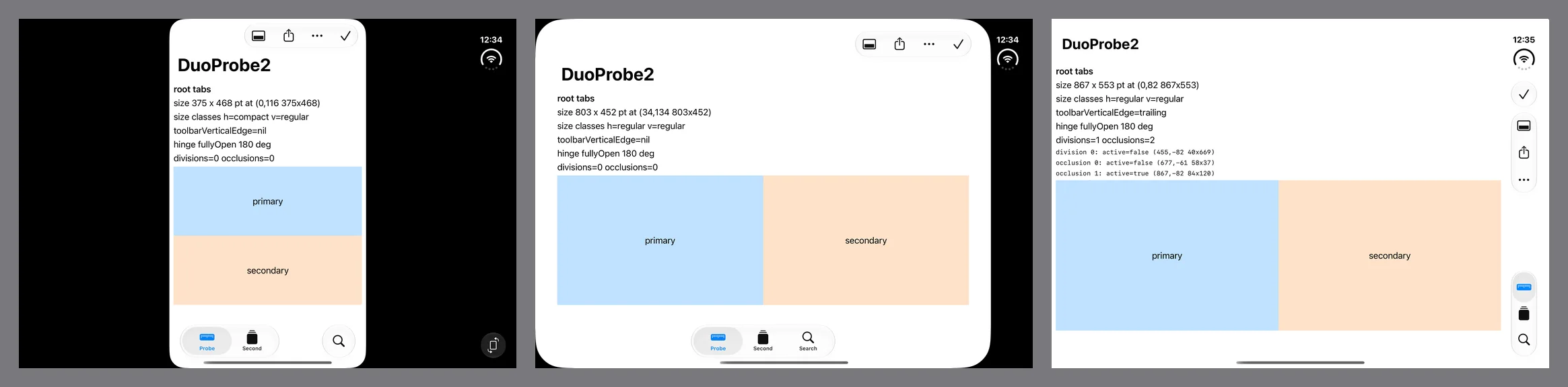O mesmo app de sondagem na tela interna aberta do simulador do iPhone Duo, três vezes. Linkado como SDK 26.0, é uma janela do tamanho de um celular, 375 por 667 pontos, numa tela preta, com barra de ferramentas e barra de abas horizontais. Linkado como SDK 27.0, preenche a tela até a esquerda de um trilho de status preto, 871 por 669 pontos, com barras horizontais. Linkado como SDK 27.1, preenche a tela inteira, 951 por 669 pontos, com a barra de ferramentas e a barra de abas empilhadas na vertical sob o relógio na borda direita, e informa uma divisão e duas oclusões