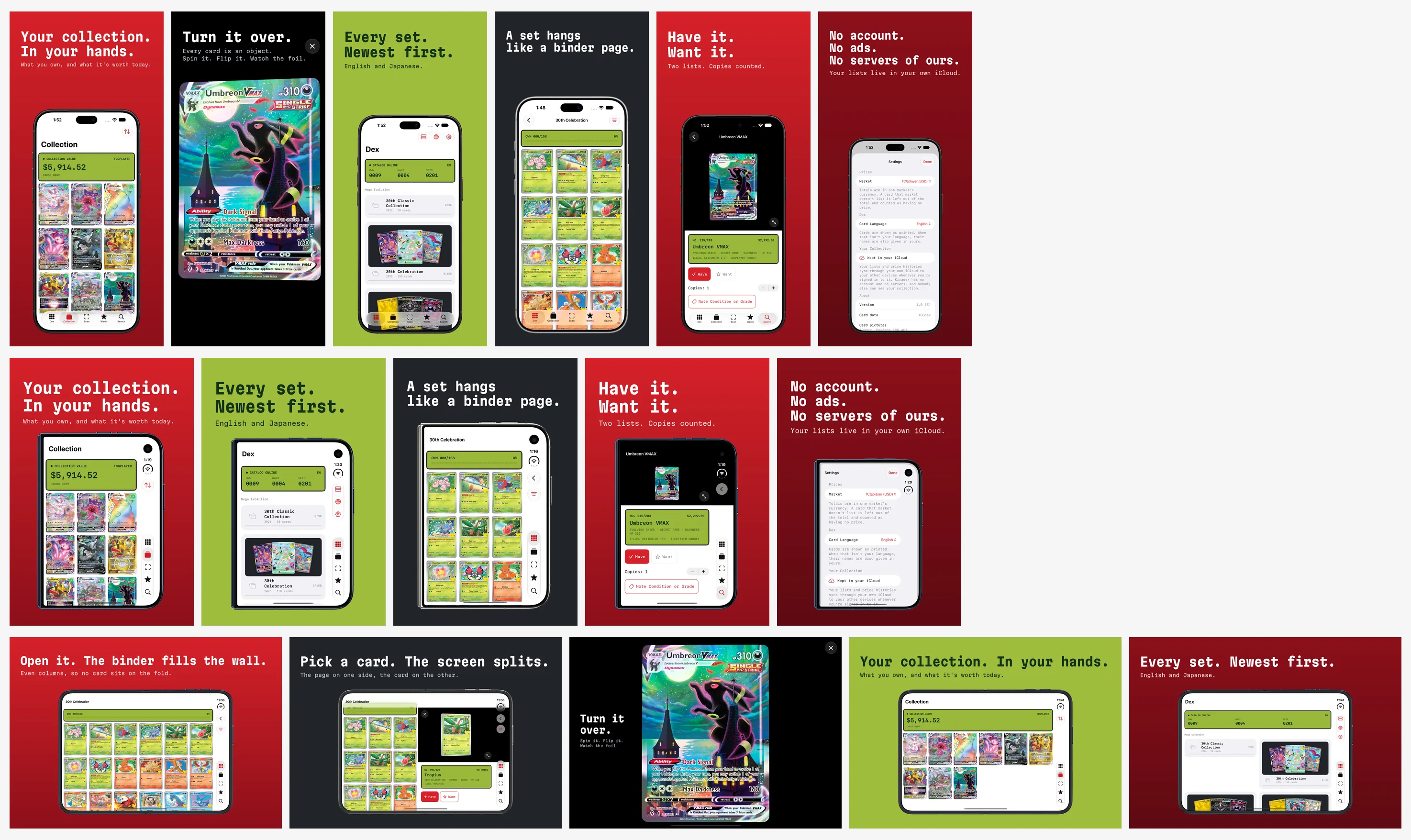Três fileiras de capturas da App Store para o Kiradex. Seis quadros para um iPhone de 6,9 polegadas, cinco para a tela externa do iPhone Duo, cinco para a tela interna dele em paisagem. Cada quadro tem uma manchete curta, como Your collection. In your hands. ou Open it. The binder fills the wall., um fundo vermelho, verde ou escuro e a tela do app dentro de uma moldura frontal de aparelho da Apple; um quadro na primeira e outro na terceira fileira é uma única carta colecionável sobre preto com a manchete Turn it over.