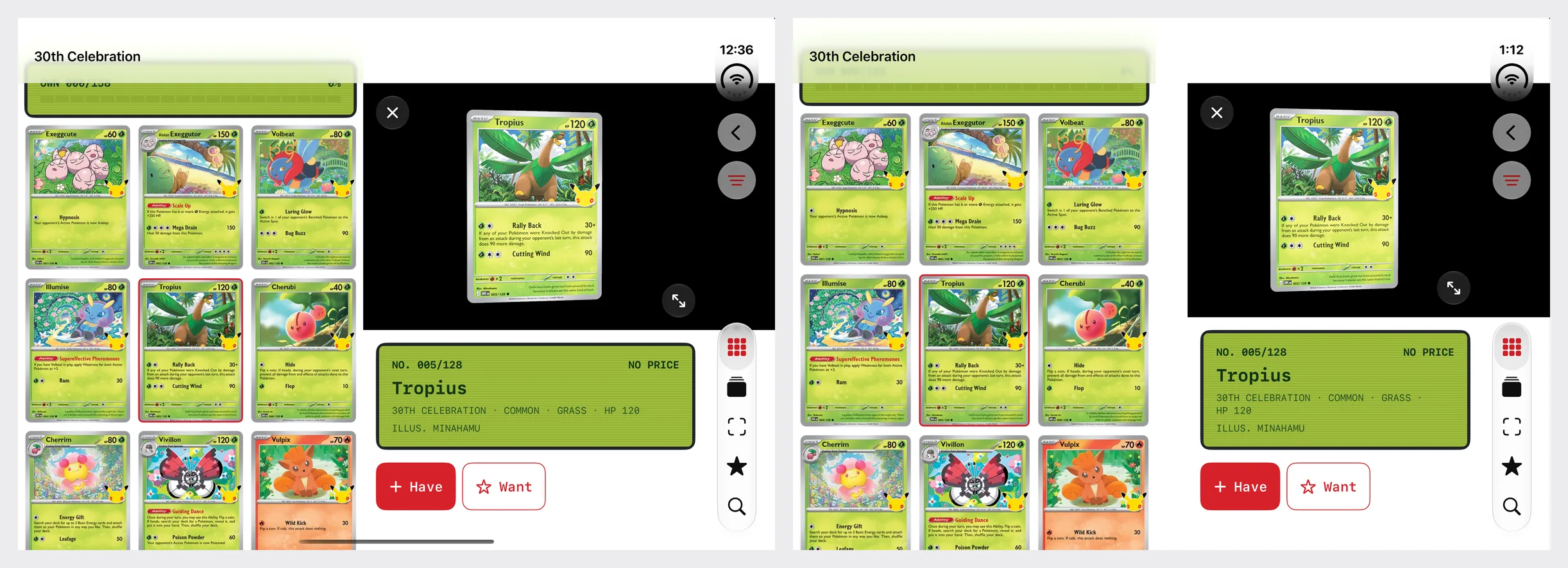 O Kiradex na tela interna aberta com uma carta selecionada, duas vezes. Plano: uma página de cartas de três colunas à esquerda e o palco 3D e os detalhes da carta selecionada à direita, encontrando-se no meio da área de conteúdo, um pouco à esquerda do centro da tela. Na pose Book: os mesmos dois painéis com uma faixa vertical vazia entre eles onde fica a dobra, a página um pouco mais larga e o inspetor mais estreito