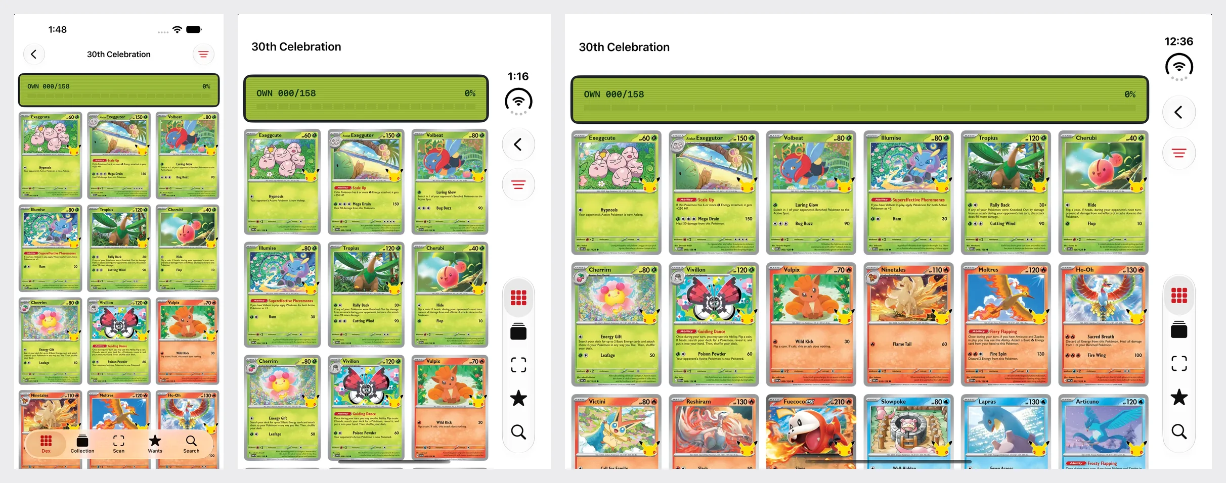 O Kiradex mostrando a mesma coleção de cartas em três telas a partir de um único build. Num iPhone de 6,9 polegadas: três colunas de cartas, uma barra de navegação em cima e uma barra de abas embaixo. No iPhone Duo fechado: três colunas, com o botão de voltar, um botão de filtro e cinco botões de aba empilhados num trilho ao longo da borda direita, sob o relógio. No iPhone Duo aberto: seis colunas de cartas e o mesmo trilho à direita