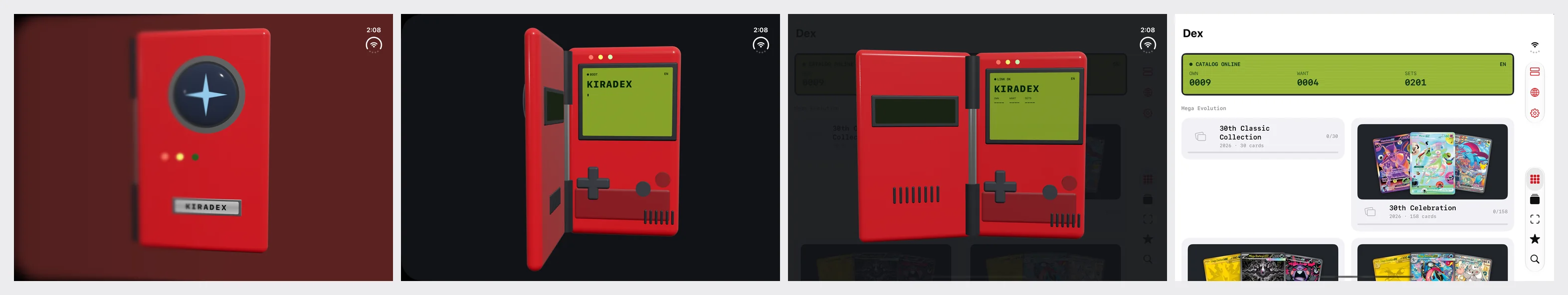Quatro quadros da tela interna do iPhone Duo capturados enquanto o simulador se desdobra com o Kiradex rodando: um aparelho portátil vermelho fechado sobre um fundo vermelho-escuro, o aparelho se abrindo e mostrando uma pequena tela verde onde se lê KIRADEX, o aparelho aberto se dissolvendo sobre o app e a tela Dex do app