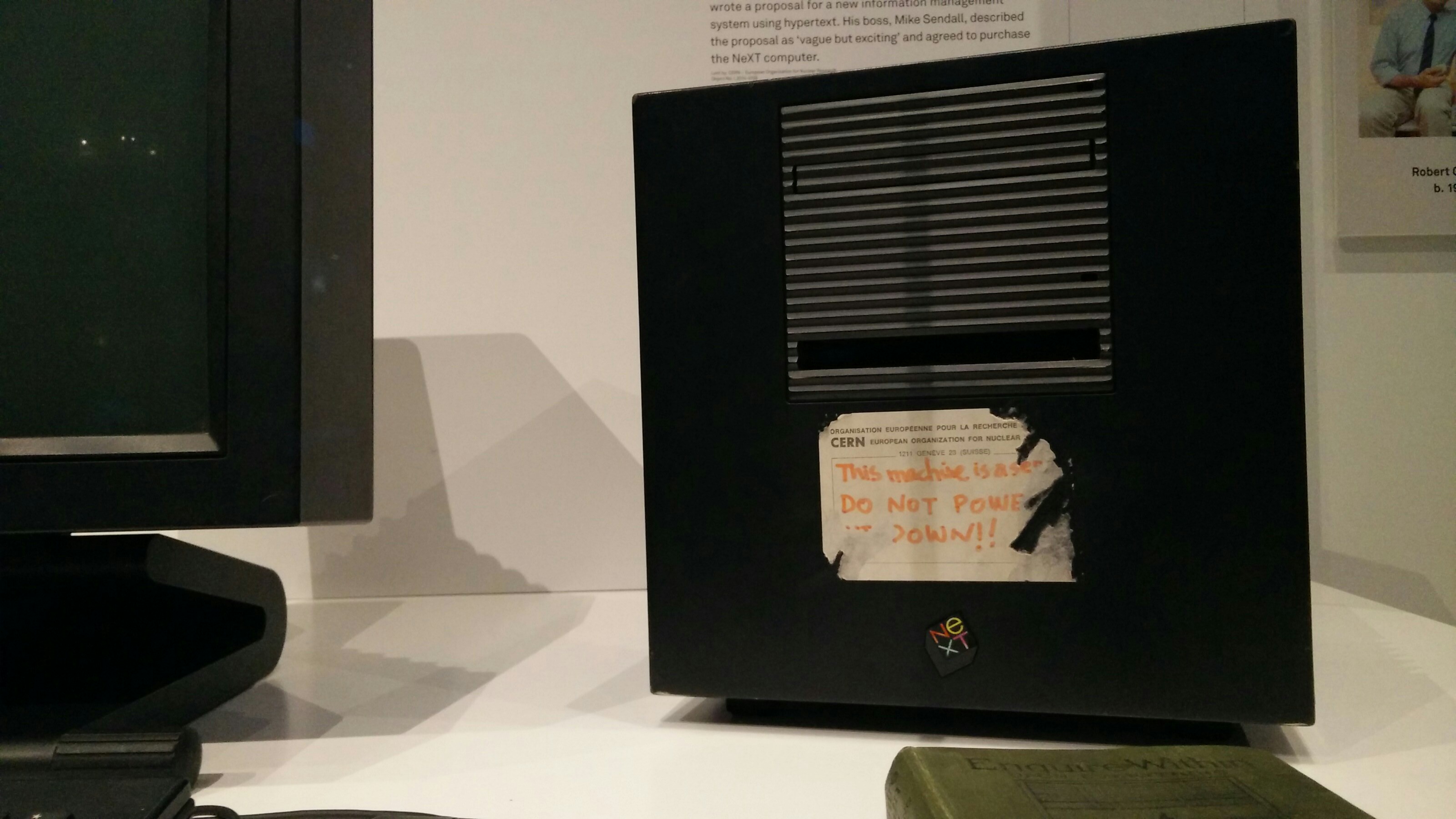 The NeXT computer at CERN that ran the first web server, labeled "This machine is a server. DO NOT POWER IT DOWN."