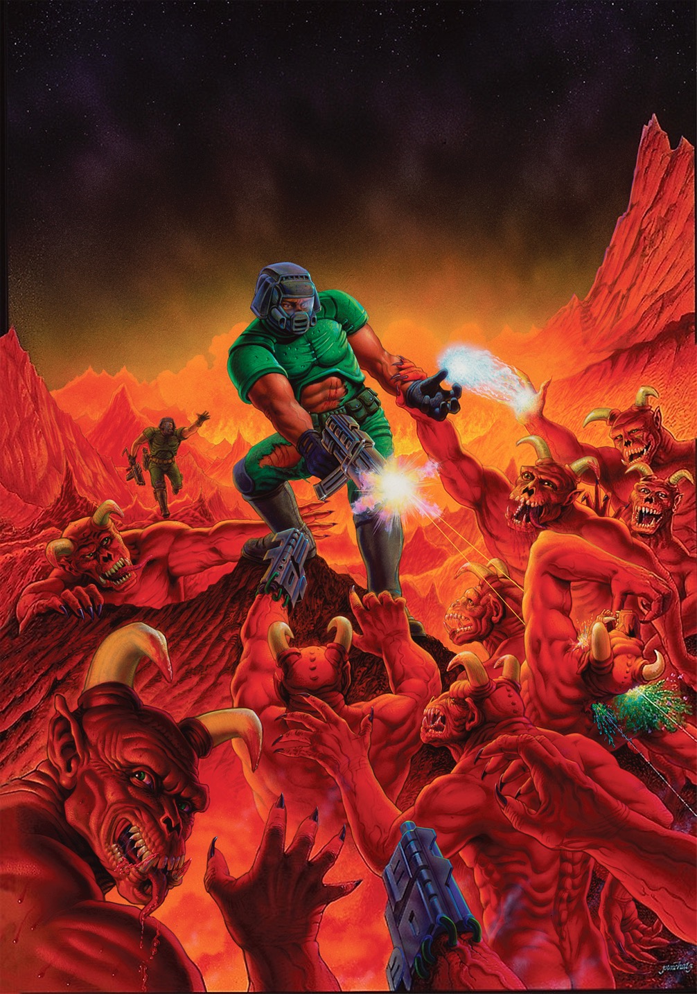 The cover of DOOM (1993), painted by Don Ivan Punchatz -- the marine atop a horde of demons