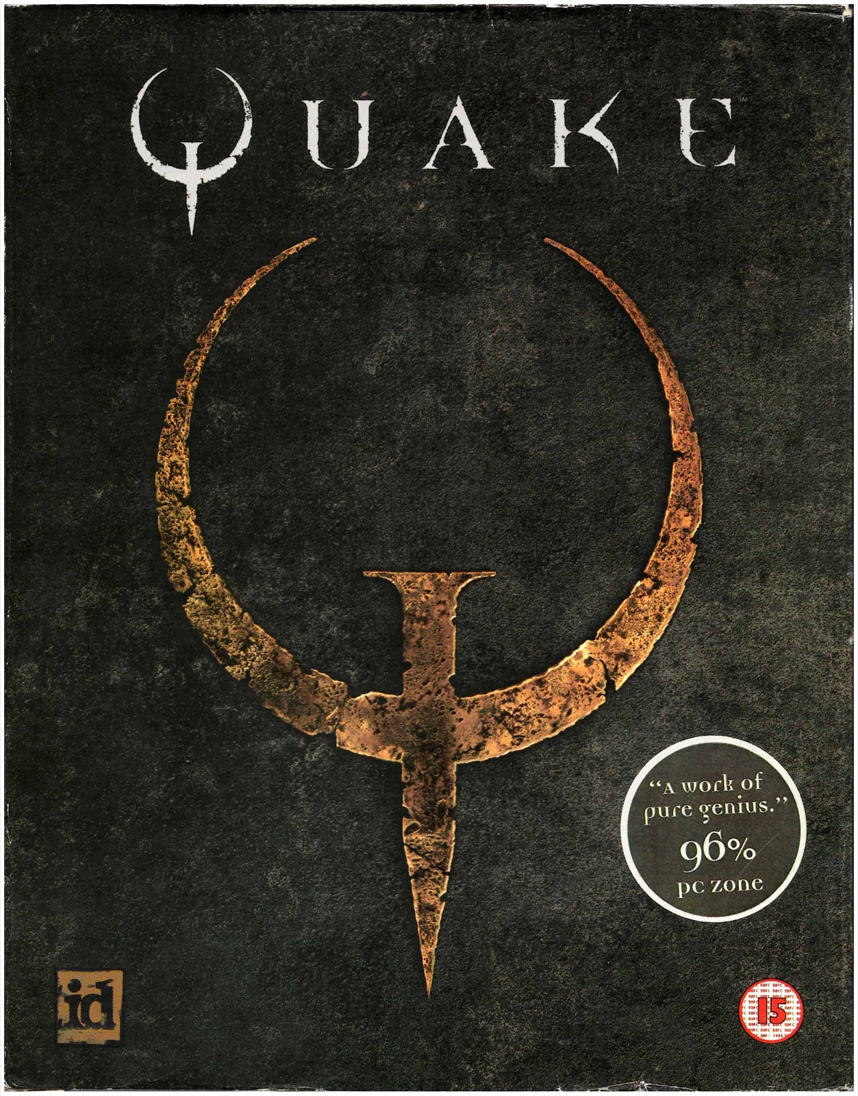 The cover art for Quake (1996) -- the rusted nail-Q on dark stone that announced id's leap to true 3D