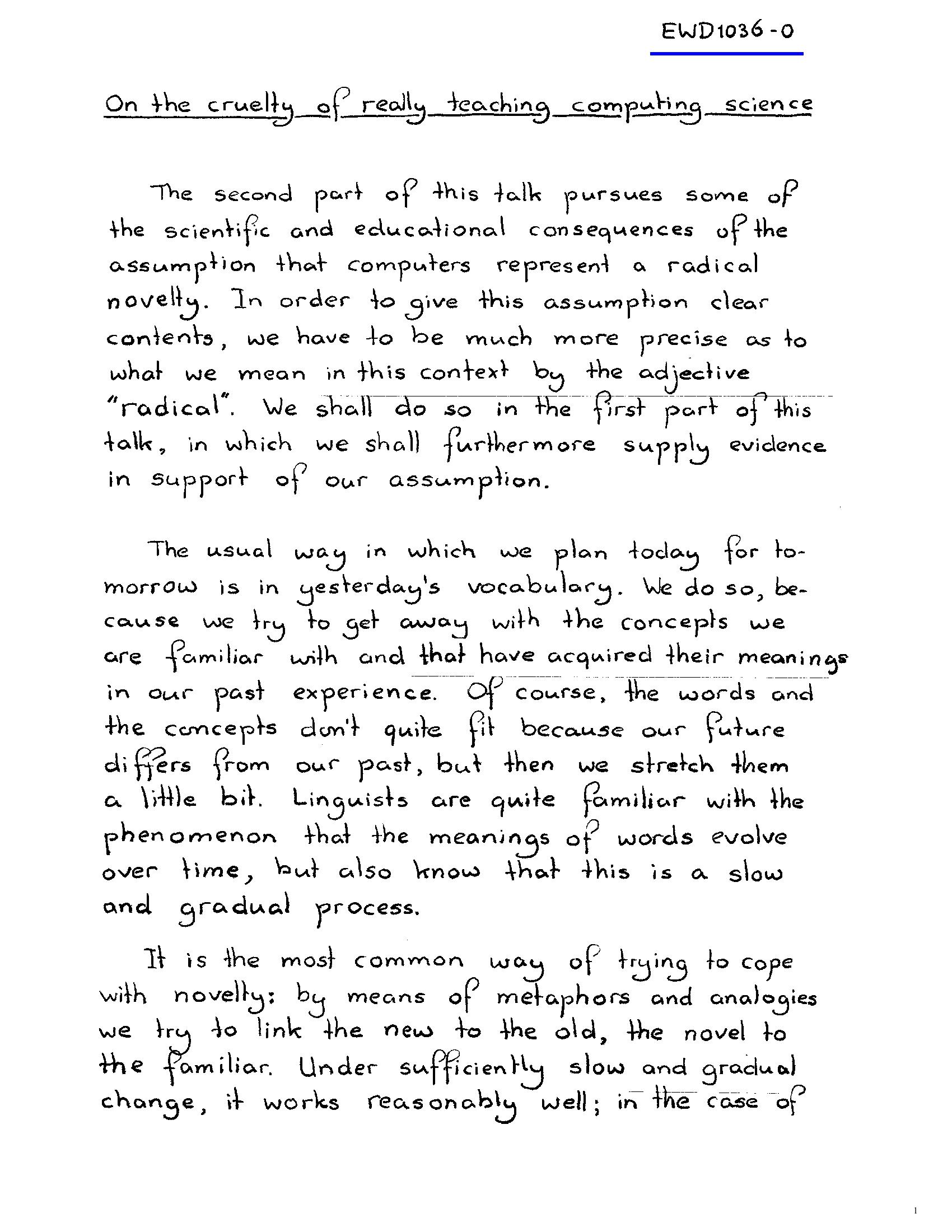 A handwritten page from one of Dijkstra's EWD manuscripts, circulated by photocopy