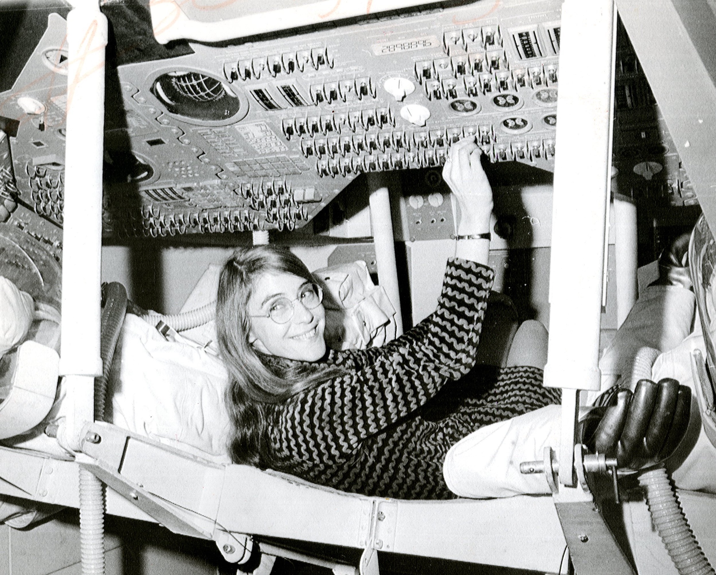 Margaret Hamilton in the Apollo command module mock-up at MIT, 1969