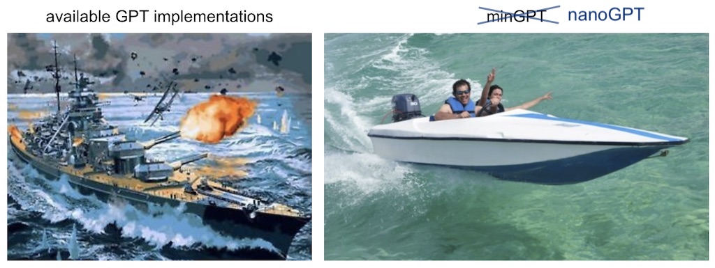 The nanoGPT banner -- Karpathy's joke about the available GPT implementations: the heavyweight options struck out in favor of a small, legible "speedboat"