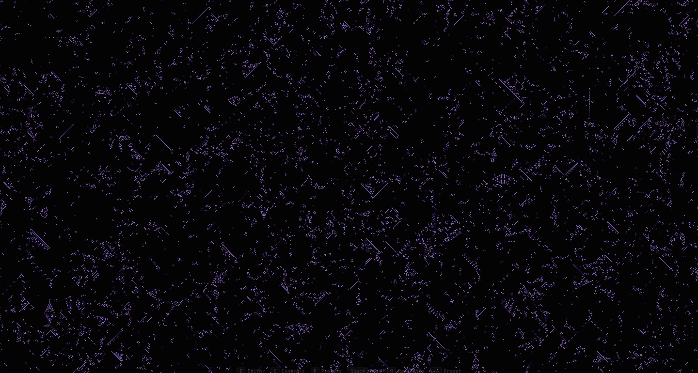 Brian's Brain cellular automaton full of blue and orange gliders after the state-channel fix